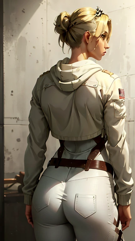 Masterpiece, Best quality, high resolution, Hair ribbon, ponytail braid,  white, full body, medium breasts, FROM BACK,  with the butt up, tight white pants,  tall showing on ass, SHOW BOOTY, camisa white, brown jacket,blonde , covers the whole sexy body, military shoes (standing) (pantalon sexy)