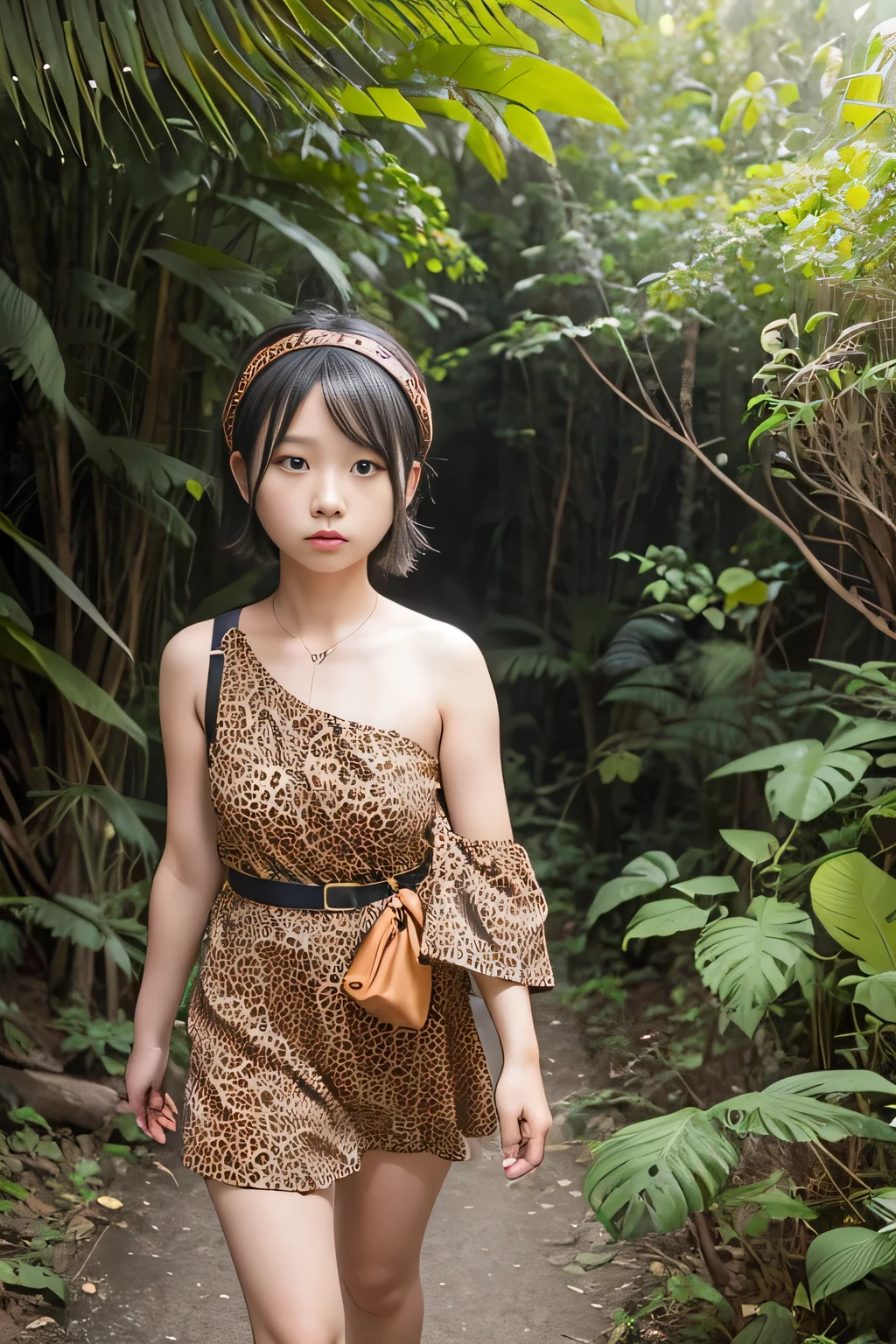 (masterpiece, Highest quality:1.2), One girl, alone,bony body、15 years old、Earrings、Age of the Dinosaurs