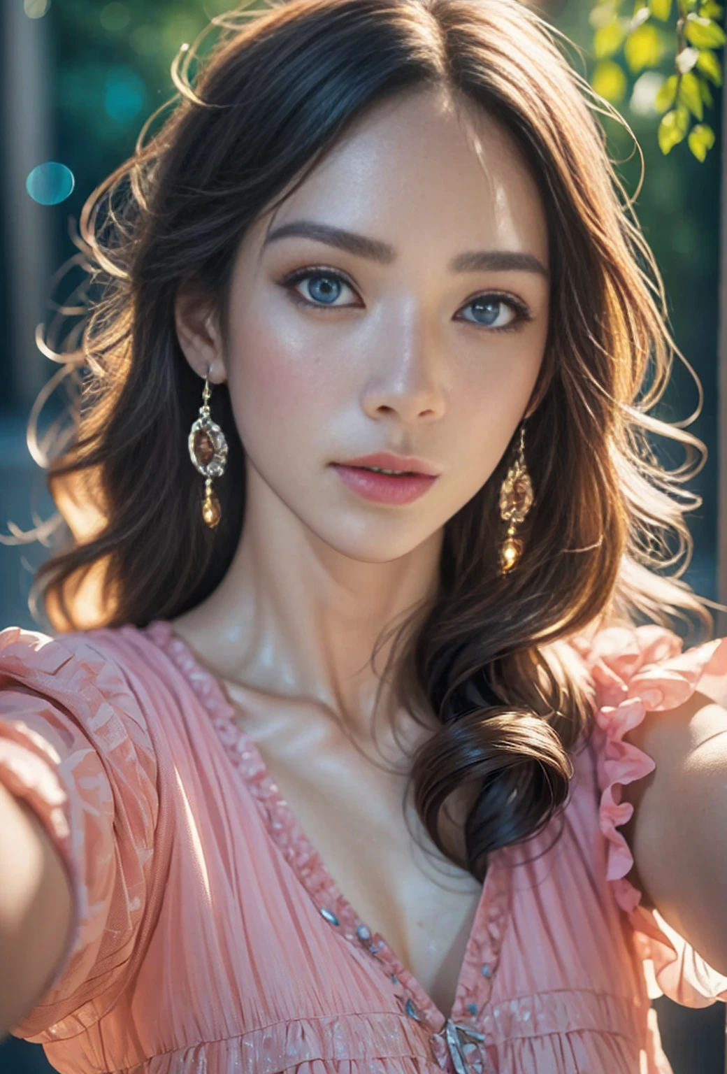 8k, Top quality, masterpiece, Ultra high resolution, (realism: 1.4), Original photo, (Realistic skin texture: 1.3), (Film Grain: 1.3), (Selfie angle), , pink clothes, Sapphire colored eyes and beautiful facial details, masterpiece, Top quality, Close up, Upper body