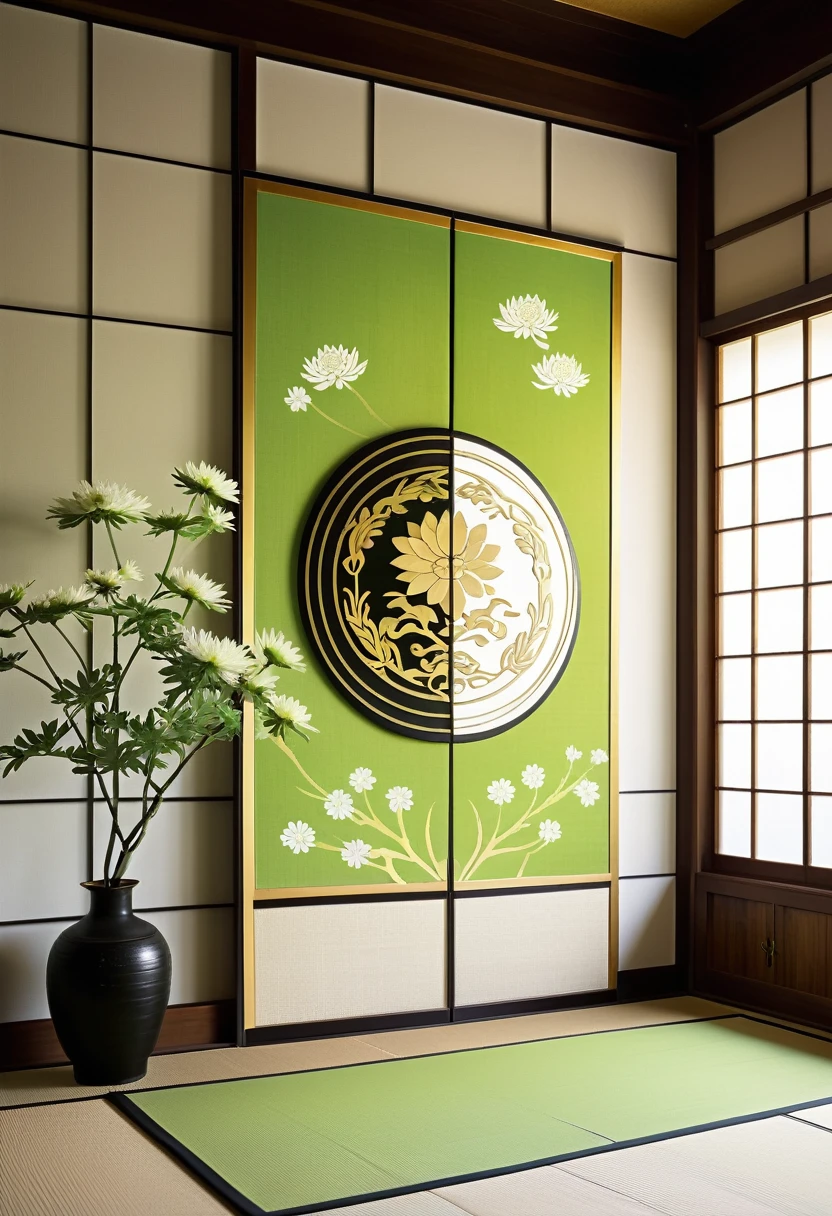 long and narrow room, bright green tatami, shoji screen with beautiful painting, and behind that shoji screen with another beautiful painting,  behind that is (round Japanese family crest, chrysanthemum petals, gold, monochrome), delicate and dynamic textures, contrasts of light and shadow, 2.5D, digital graphic CG, artistic photography, hyper realistic, ultra detailed, absolutely resolution, best quality