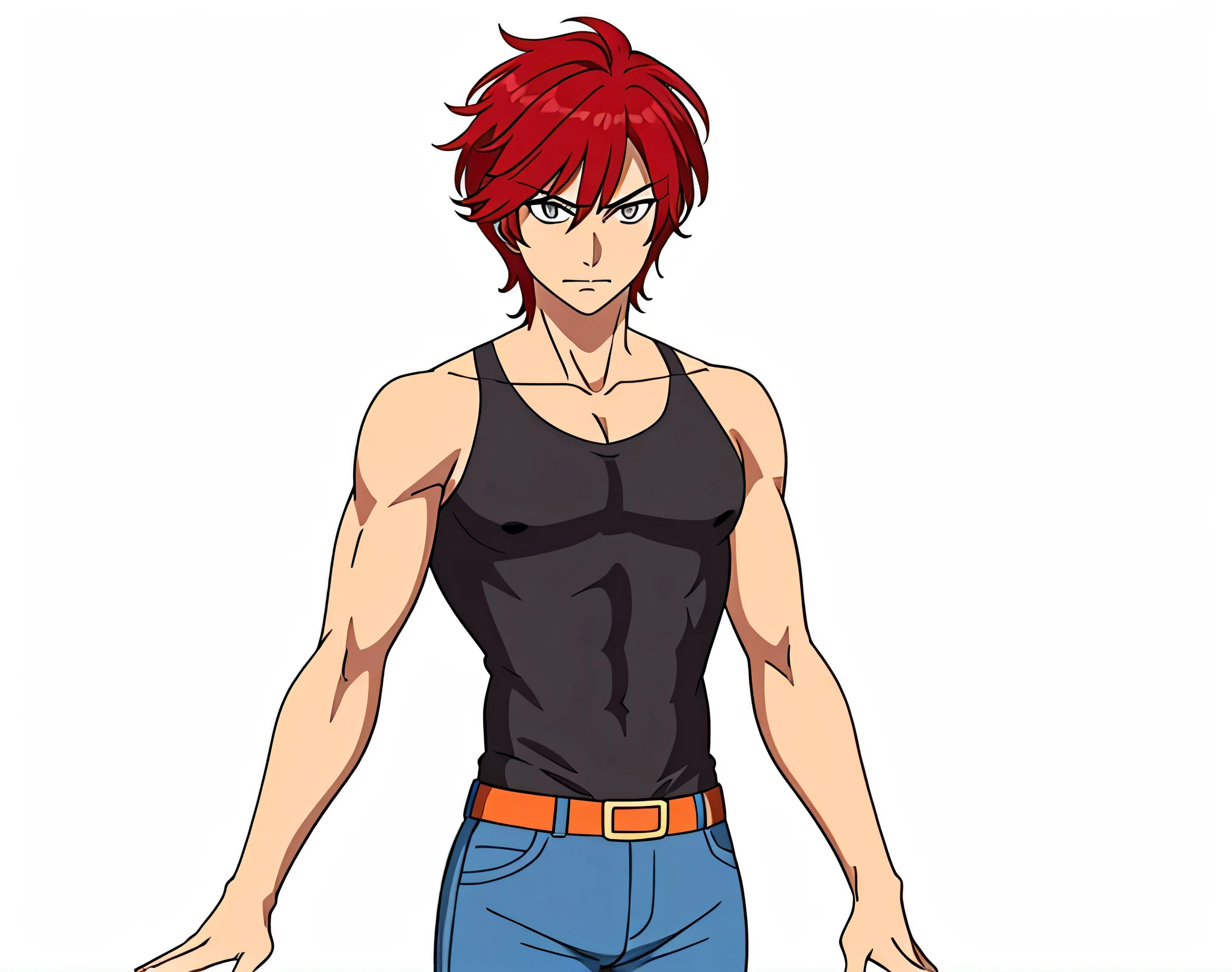 足を組んで床に座っているレッドの髪のAnime Boys, Anime Boys, Anime Styleキャラクター, clothing:Black Tank Top, boy wearing denim shorts, Anime Styleで, Anime Style, Anime Style, Muscular man, Knight of Zodiac Boy, with short red hair standing on end,, In anime style, Masculine and muscular, Skin tight tank top, Bare Arms, Bare shoulders,