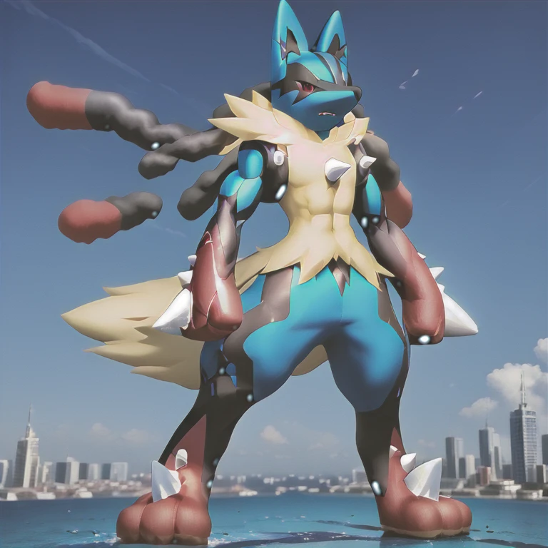 (masterpiece. official art. 8k. best quality. detailed full body. full body.)
(Megacario, blue skin, yellow fur, multicolored skin, black stripes, pokemon \(creature\), full body.)

(situation 1 : dominating Megacario. Megacario is over 1000 meters long. focus GIANT mechanical Muscular Megacario is trampling the city. Looking down. macro. stomp. Low-angle perspective. emphasizing the immense size.)
(situation 2 : A giant Megacario is destroying the city with an angry expression. He is screaming.)
(Additional details 2: Detailed head. Detailed Body. Detailed abs. gigantic muscles. HYPER MUSCLES. Gigachad Muscular. big muscle. pecs. triceps. traps. unusually developed muscular body. body full of huge muscles. showing off muscles. pectorales enormes. Exaggeratedly huge muscles. huge muscles. long legs. bulk up.).
(An arrogant expression. smile at the corner of your mouth.)
No nipples.  looking at viewer.