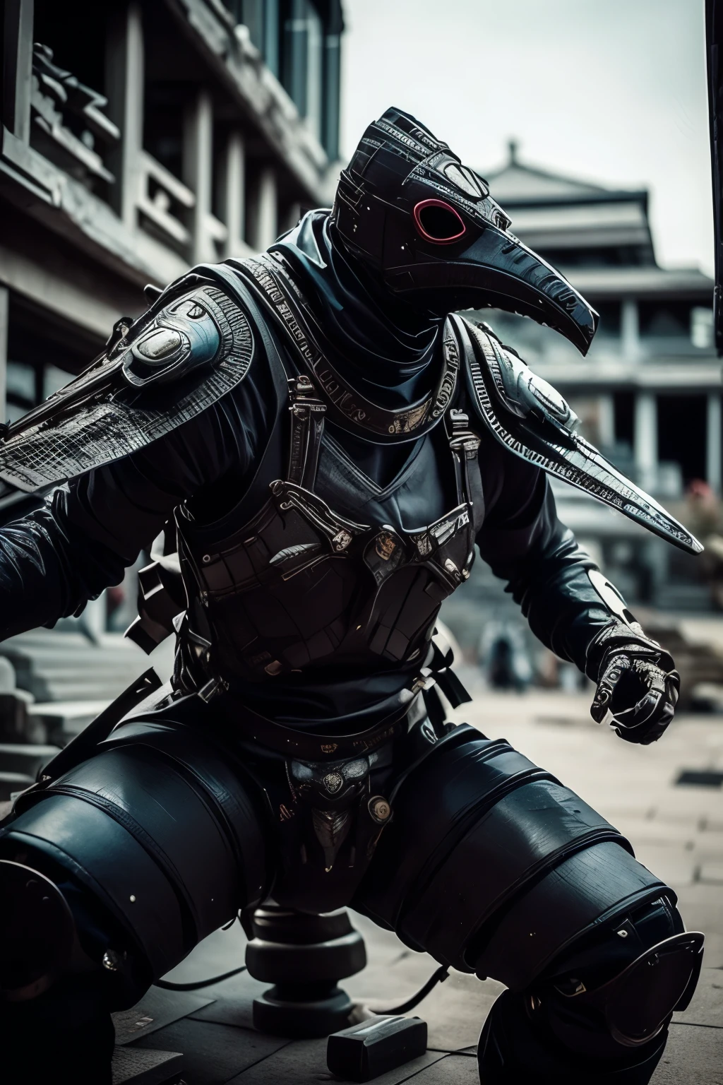  (((Decaying bodies))), ((Plague Mask)), The whole body is displayed, JRG Character, Worn Armor, Tattered Machine Armor, Mechanical Swordsman, Looking at the audience, Aggressive Posture, rpg, Post-apocalyptic, battle, Holding a Poison needle, Face guard, 