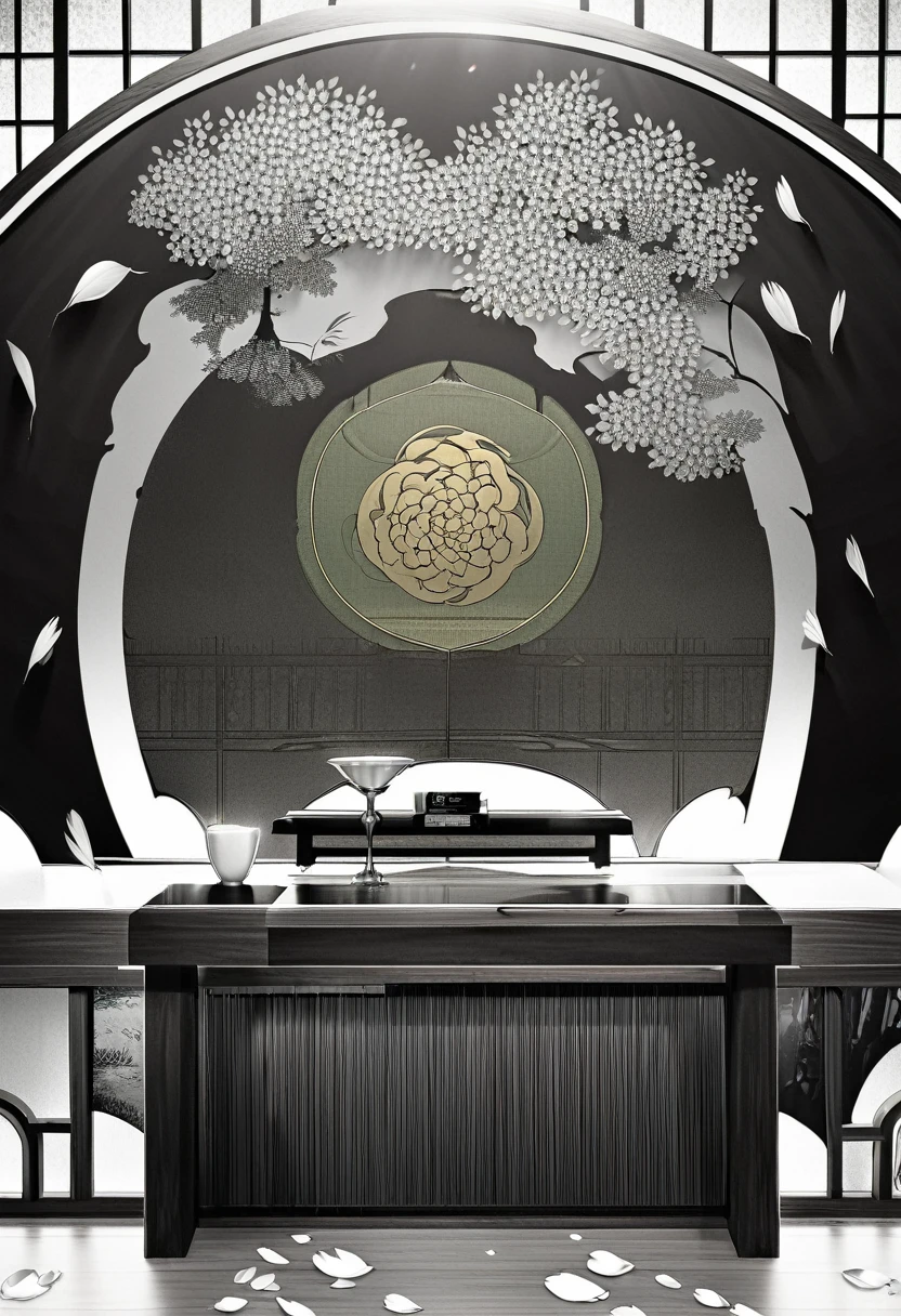 long and narrow room, bright green tatami, shoji screen with beautiful painting, and behind that shoji screen with another beautiful painting,  behind that is (round Japanese family crest, chrysanthemum petals, gold, monochrome), delicate and dynamic textures, contrasts of light and shadow, 2.5D, digital graphic CG, artistic photography, hyper realistic, ultra detailed, absolutely resolution, best quality