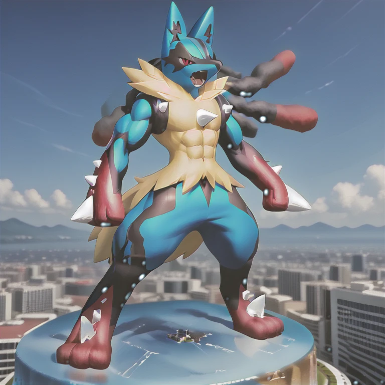 (masterpiece. official art. 8k. best quality. detailed full body. full body.)
(Megacario, blue skin, yellow fur, multicolored skin, black stripes, pokemon \(creature\), full body.)

(situation 1 : dominating Megacario. Megacario is over 1000 meters long. focus GIANT mechanical Muscular Megacario is trampling the city. Looking down. macro. stomp. Low-angle perspective. emphasizing the immense size.)
(situation 2 : A giant Megacario is destroying the city with an angry expression. He is screaming.)
(Additional details 2: Detailed head. Detailed Body. Detailed abs. gigantic muscles. HYPER MUSCLES. Gigachad Muscular. big muscle. pecs. triceps. traps. unusually developed muscular body. body full of huge muscles. showing off muscles. pectorales enormes. Exaggeratedly huge muscles. huge muscles. long legs. bulk up.).
(An arrogant expression. smile at the corner of your mouth.)
No nipples.  looking at viewer. Little humans worship Lucario.