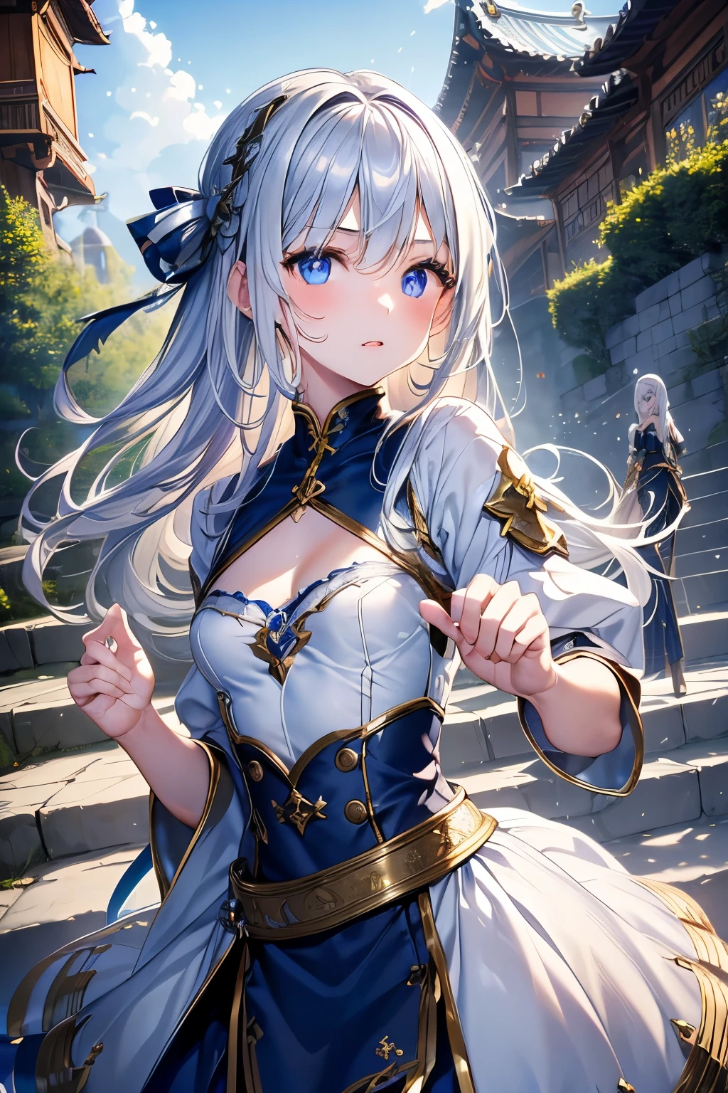 male性、A hairstyle where all the hair is swept back、odd eye、silver hair all back、male、hair is long to the shoulders、odd eye、maleの左目赤色、male右目青、increase wide angle、clear eyes、male性、white and gold magic costume