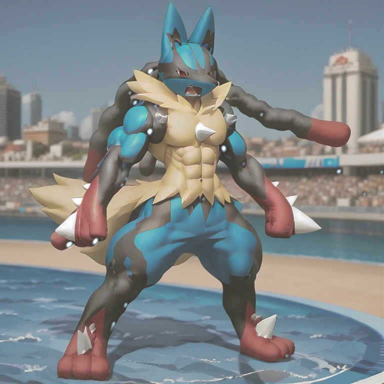 (masterpiece. official art. 8k. best quality. detailed full body. full body.)
(Megacario, blue skin, yellow fur, multicolored skin, black stripes, pokemon \(creature\), full body.)


(situation 2 : A giant Megacario is destroying the city with an angry expression. He is screaming.)
(Additional details 2: Detailed head. Detailed Body. Detailed abs. gigantic muscles. HYPER MUSCLES. Gigachad Muscular. big muscle. pecs. triceps. traps. unusually developed muscular body. body full of huge muscles. showing off muscles. pectorales enormes. Exaggeratedly huge muscles. huge muscles. long legs. bulk up.).
(An arrogant expression. smile at the corner of your mouth.)
No nipples.  looking at viewer. Little humans worship Lucario.