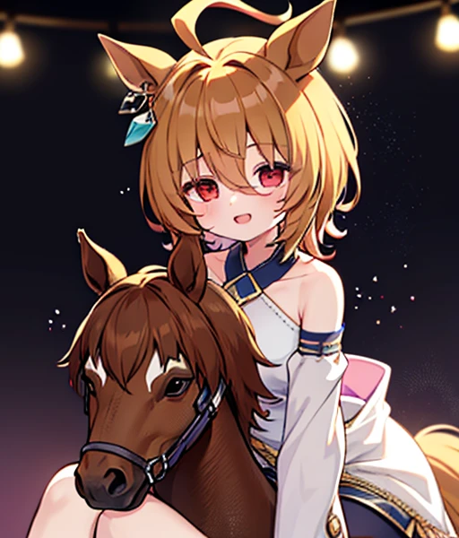 a girl with long pink hair sitting in front of some colorful lights, 1girl, long hair, blue eyes, open mouth, smile, detached sleeves, white hair, bare shoulders., Maximum facial details, Maximum detailed textures, Maximum detailed shadows, Maximum detailed backgrounds,a_Tachyon, horse ears, horse tail, short hair, bangs, brown hair, ahoge, red eyes, hair between eyes, empty eyes,　Riding a golden thoroughbred🐎　Blonde riding a horse🐴　There is a golden horse🐴　