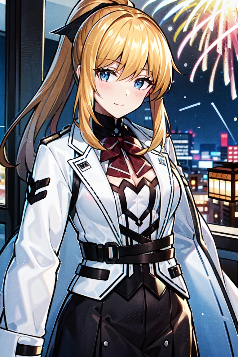 masterpiece, best quality, 8k, official art, cinematic light, ultra high res, 1girl, breasts, blonde hair, blue eyes, white coat, ribbon, ponytail, light smile, <lora:lyud:0.65>, rooftop, (light particles), (aerial fireworks)