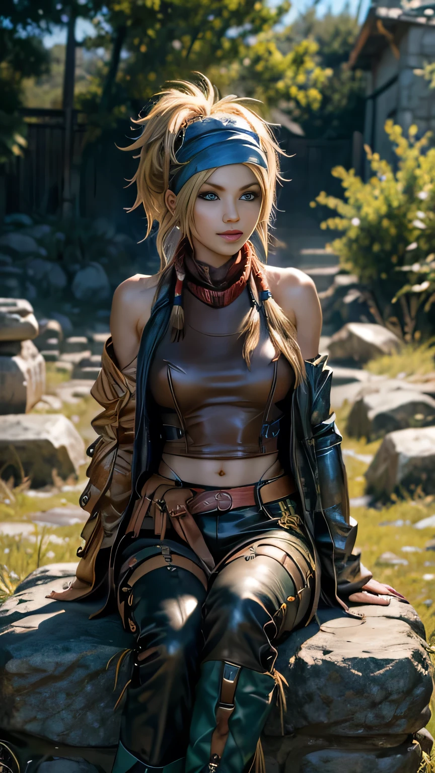 Rikku, the vibrant and lively Vygasian heroine from Final Fantasy X-2, is depicted in this stunning image. She sits confidently on an old stone wall, with legs spread open, exuding an aura of strength and determination. A gentle breeze playfully ruffles her short bobbed hair, adding an element of dynamism to the scene. Rikku's wearing black leather pants, jacket and female heeled boots, adorned with loops and pockets is visible, as well as her signature bandana around her neck. With a smirk on her lips and her piercing blue eyes focused intently on the viewer, Rikku strikes an utterly captivating pose.