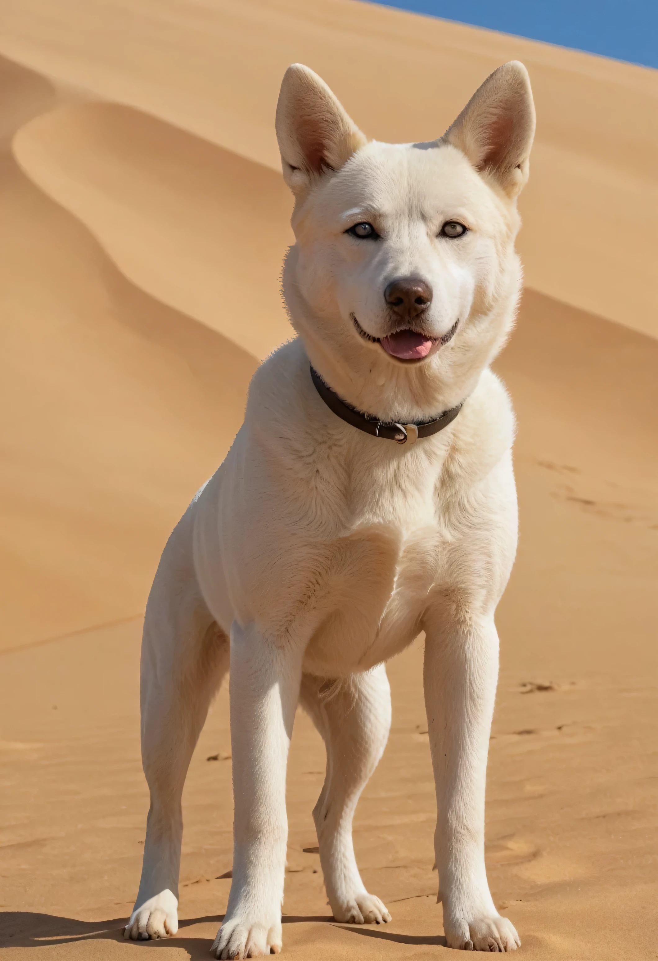 a Canaan dog, realistic, photorealistic, high-quality, 8k, detailed, beautiful, muscular, athletic, standing in a desert landscape, sand dunes, blue sky, sun shining, warm tones, sandy fur, pricked ears, alert expression, confident pose, detailed eyes and nose, dynamic action, cinematic lighting, seamless composition