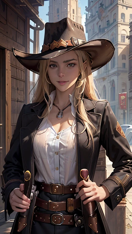 masterpieceThe best quality, Highly detailed CG Unity 8k wallpaper,((Upper body portrait)), (Focus on the face), ((Western-style street)), (Long pointy ears), (A revealing western costume: 1.3, Quick Draw Gunman), ((Ten-gallon hat, Black long coat: 1.4)), (Double Gun Belt, have a cigar: 1.5), Elegant long wavy platinum blonde hair, (so beautiful１６Year old girl), ((Average Chest Circumference, Self-illuminating skin)), (Wet white skin), (Charming smile), cute, Fine and beautiful eyes, Perfectly symmetrical face, fine grain, Key Art, Awards, Exquisitely detailed realism HDR, Photorealism, Hyperrealism, Ultra-realistic, Dramatic lighting, Amazing views, Detailed border,