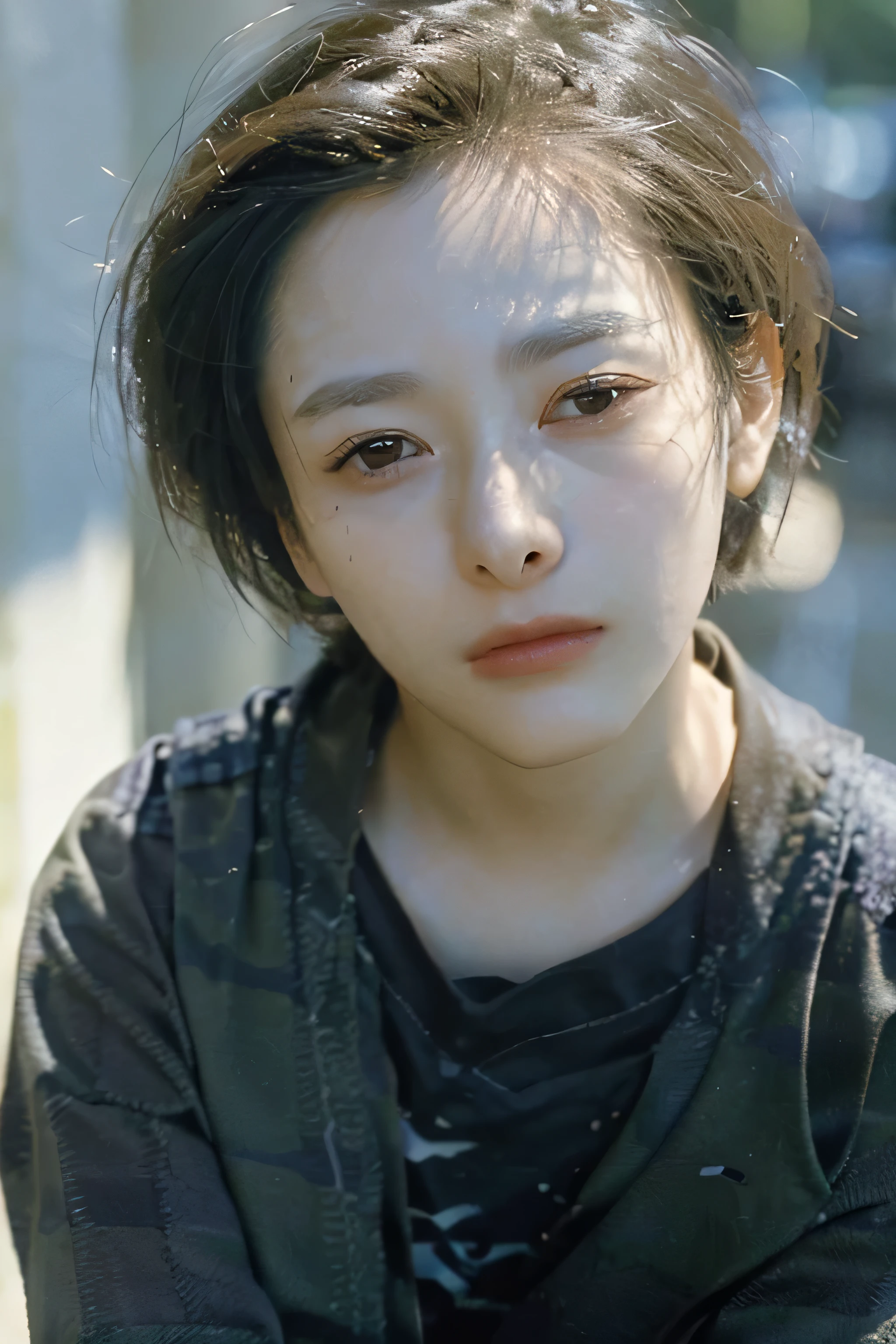 One girl, alone, androgynous、Very short Hair、boyish、Droopy eyes、ennui、Fair skin、Sleepy face、Beauty、middle age, Japanese lady、Very short hair、Very cool