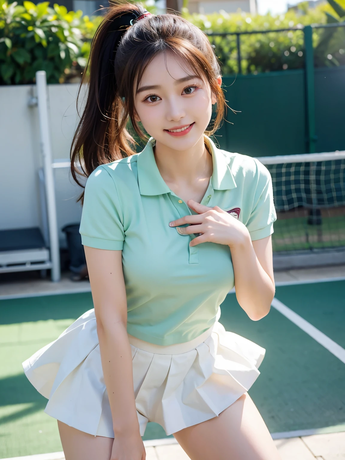 Solo shooting of Eri Kamei of Morning Musume, all around 20 years old, Dressed as a golfer. She exudes cuteness and grace, Get ready to swing on a lush golf course. The image shows realistic realism, Ulutra HD, crisp detail, Vivid colors, and dynamic range. The soft bokeh of the background emphasizes her presence, With fine texture on her golf wear. When she smiles、Her white teeth shine, zora々Capturing the essence of beauty. photography hyperrealism, Highly detailed, high-definition16k, Canon EOS 5D Mark IV DSLR Camera, EF 85mm f/1.8 STM lens, Resolution 30.4 megapixels, ISO sensit: 100, Shutter Speed 1/125 sec, Dynamic front light that captures her calm posture, Vibrant colors, Facing Camera, High Sharpness, depth of fields, ultra-detailed photography --ar 16:9 - V5.1 --Style raw --Q 2 --S 750.