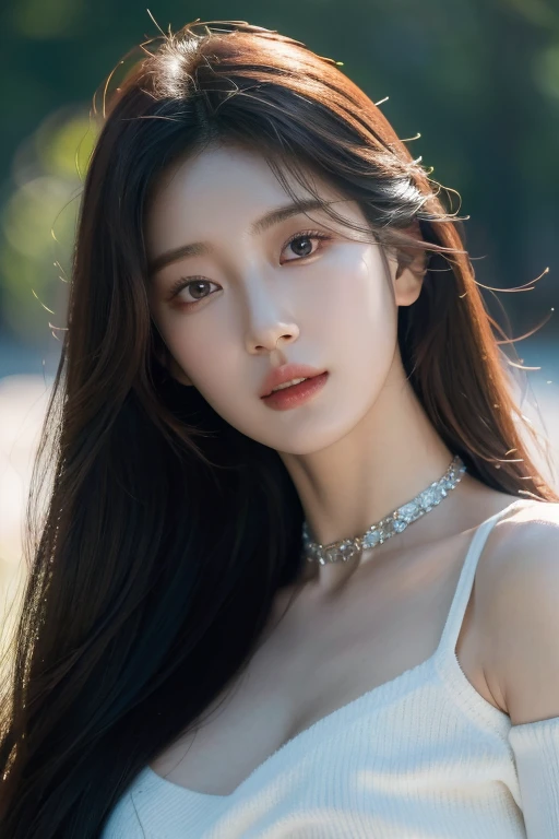 8k, Masterpiece, raw photos, best quality, realistic, Very detailed CG unity 8k wallpaper., depth of field, Cinema-grade lighting, lens flare, Ray tracing, (Very beautiful face, beautiful lips, beautiful eyes), A face with intricate details, ((Ultra-detailed skin), รูปถ่ายของสาวสวย 1 คนbest quality, Ultra high resolution, (realistically:1.4),cute hair clip,1 girl,long red hair,cropped sweater ,Beautiful woman with a slender figure:1.4, Pronounced abdomen:1.4, on the island,A particularly detailed face,Exquisite eyes,Double eyelids,choker necklace