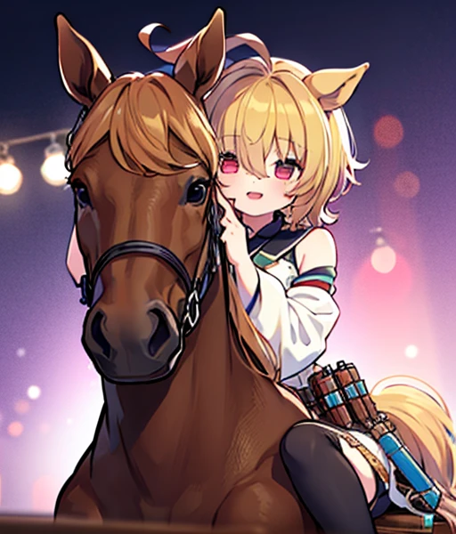 a girl with long pink hair sitting in front of some colorful lights, 1girl, long hair, blue eyes, open mouth, smile, detached sleeves, white hair, bare shoulders., Maximum facial details, Maximum detailed textures, Maximum detailed shadows, Maximum detailed backgrounds,a_Tachyon, horse ears, horse tail, short hair, bangs, brown hair, ahoge, red eyes, hair between eyes, empty eyes,　Blonde riding a horse🐴　Riding a golden horse　A golden thoroughbred is next to me　Ride the chestnut thoroughbred🐴