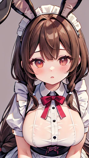 alone, One girl, Yunyun, Cute angry expression with puffed cheeks、(Puffing out my cheeks:1.4)、Blushing Looking at the viewer, Crown braids of the same color as your hair, Red Eyes、hair ornaments, Hair Ribbon, Pink tie, Long sleeve, Pink Skirt, Knee socks, Cleavage