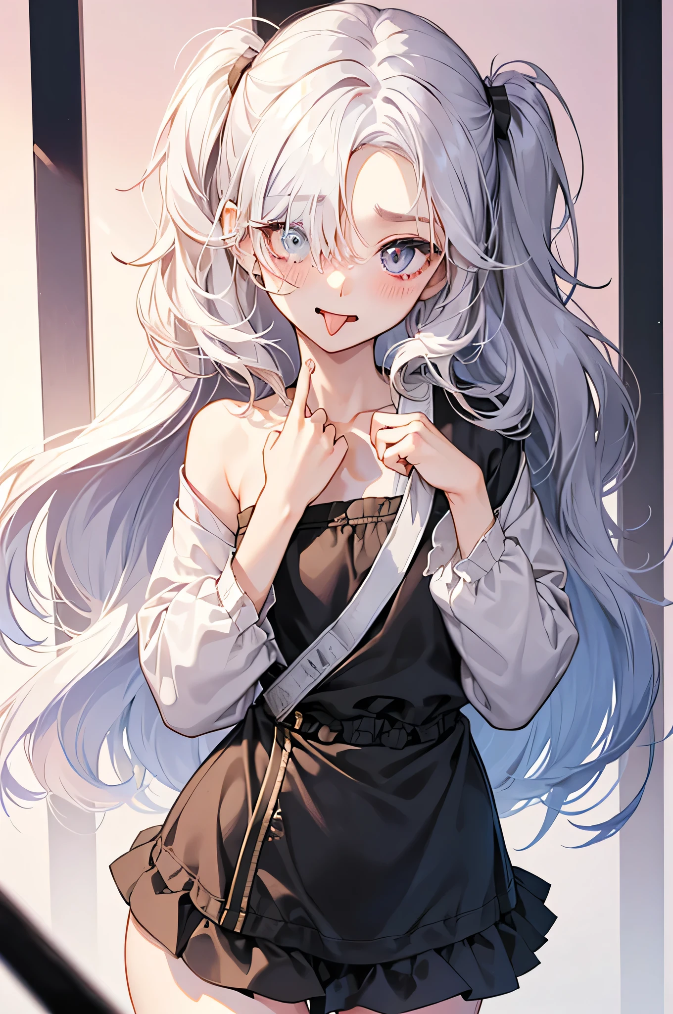Digital Art, Digital Illustration, ((4K, 8K)), Ultra-detailed, beautiful image, Sharp Image, a close up of a woman in a short black skirt, ((light grey sweater)), sweater tucked into skirt, nylon tights, trending at cgstation, anime barbie doll, trending on cgstation, anime girl in real life, anime vtuber full body model, ((long white hair),(grey eyes), high ponytail, ( ), (very small round breasts),