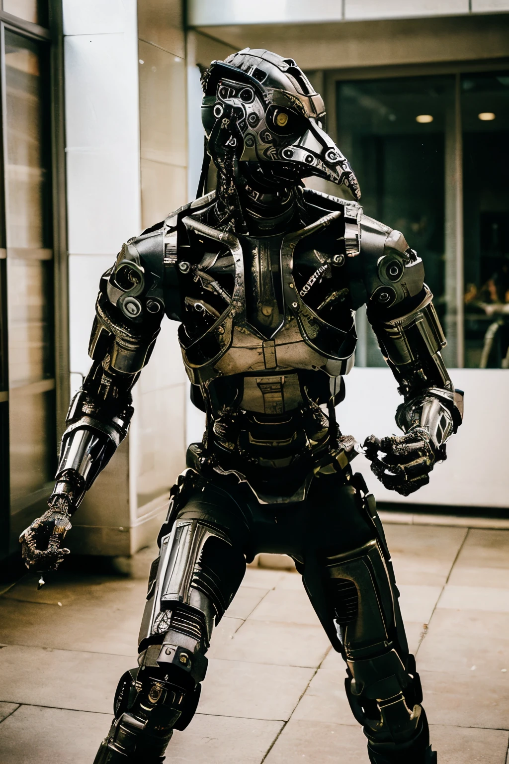  (((Cyborg Warrior))), ((Plague Mask)), The whole body is displayed, JRG Character, Worn Armor, Tattered Machine Armor, Mechanical Swordsman, Aggressive Posture, rpg, Post-apocalyptic, battle, Holding a Poison needle, Face guard, 