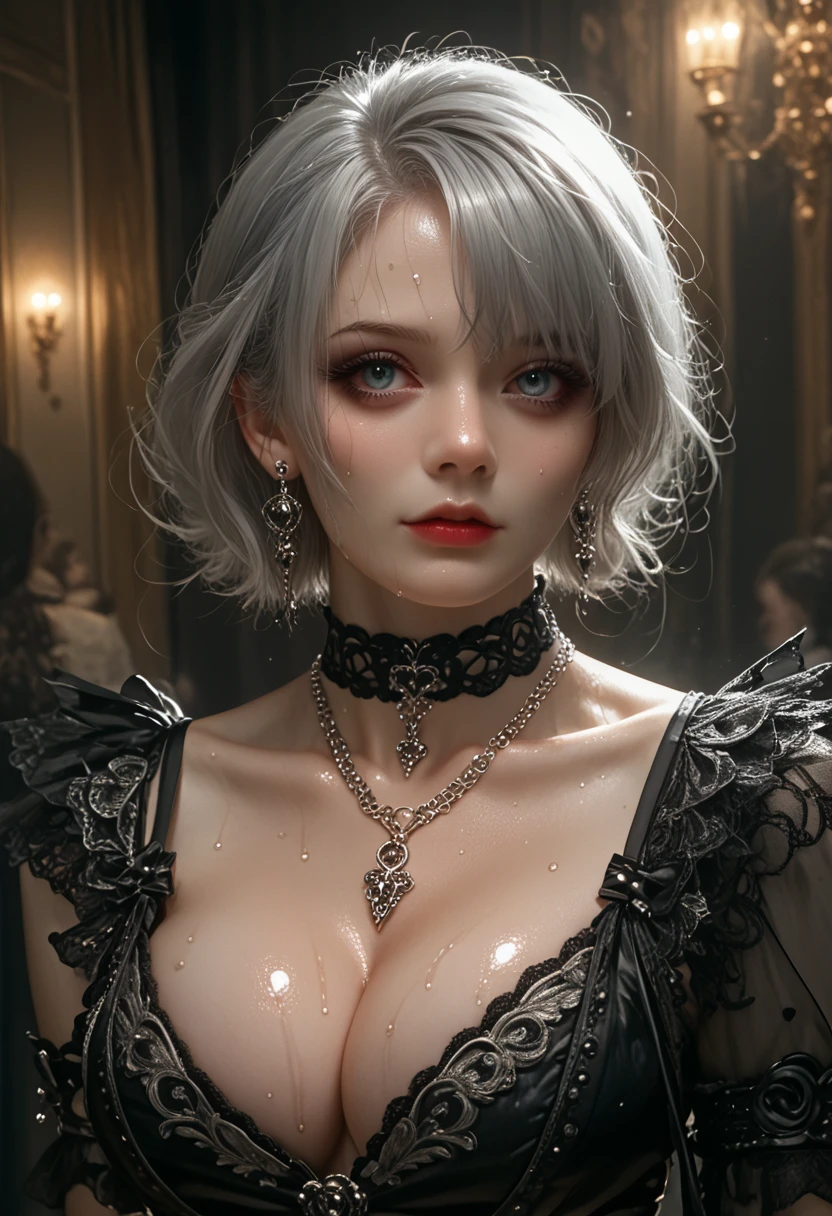 High quality, rich in detail, twin-tailed silver-haired girl posing cutely. They wear vintage Gothic gothic clothes, wearing bracelets, earrings and necklaces. Big are also visible. The photo is a close-up of the face, with cleavage, shiny breasts, sweat in the cleavage, and a sexy vibe.