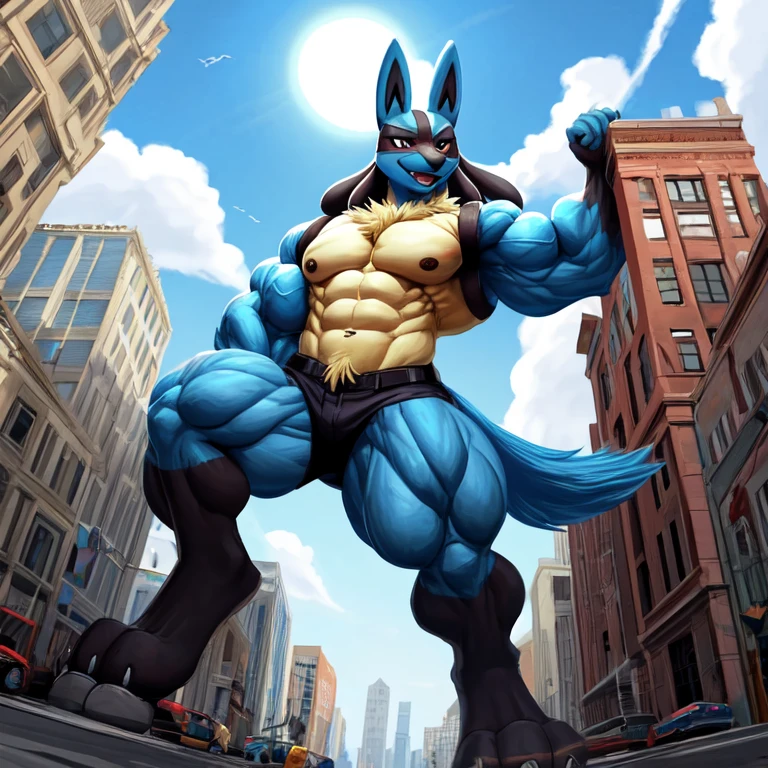 (masterpiece. official art. 8k. best quality. detailed full body. full body.)

(situation 1 : dominating lucario. over 1000 meters long.rampling the city. Looking down. macro. stomp. Low-angle perspective. emphasizing the immense size. stomping. stomp.)
(situation 2 :Lucario destroys the city.)

(Additional details : Detailed head. Detailed Body. Detailed abs. gigantic muscles. HYPER MUSCLES. Gigachad Muscular. big muscle. pecs. triceps. traps. unusually developed muscular body. body full of huge muscles. showing off muscles. pectorales enormes. Exaggeratedly huge muscles. huge muscles. long legs.).

(lucario, pokemon) 
(An arrogant expression. smile at the corner of your mouth.)
No nipples. 