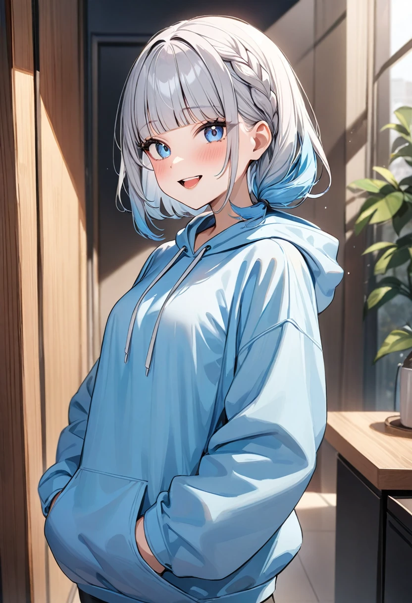 Adult woman, long gray hair, red eyes, red eyeshadow, blue lipstick, blue jacket, white pants , large breasts, Smile, Masterpiece, hiquality, 4k, HD, Good detail
