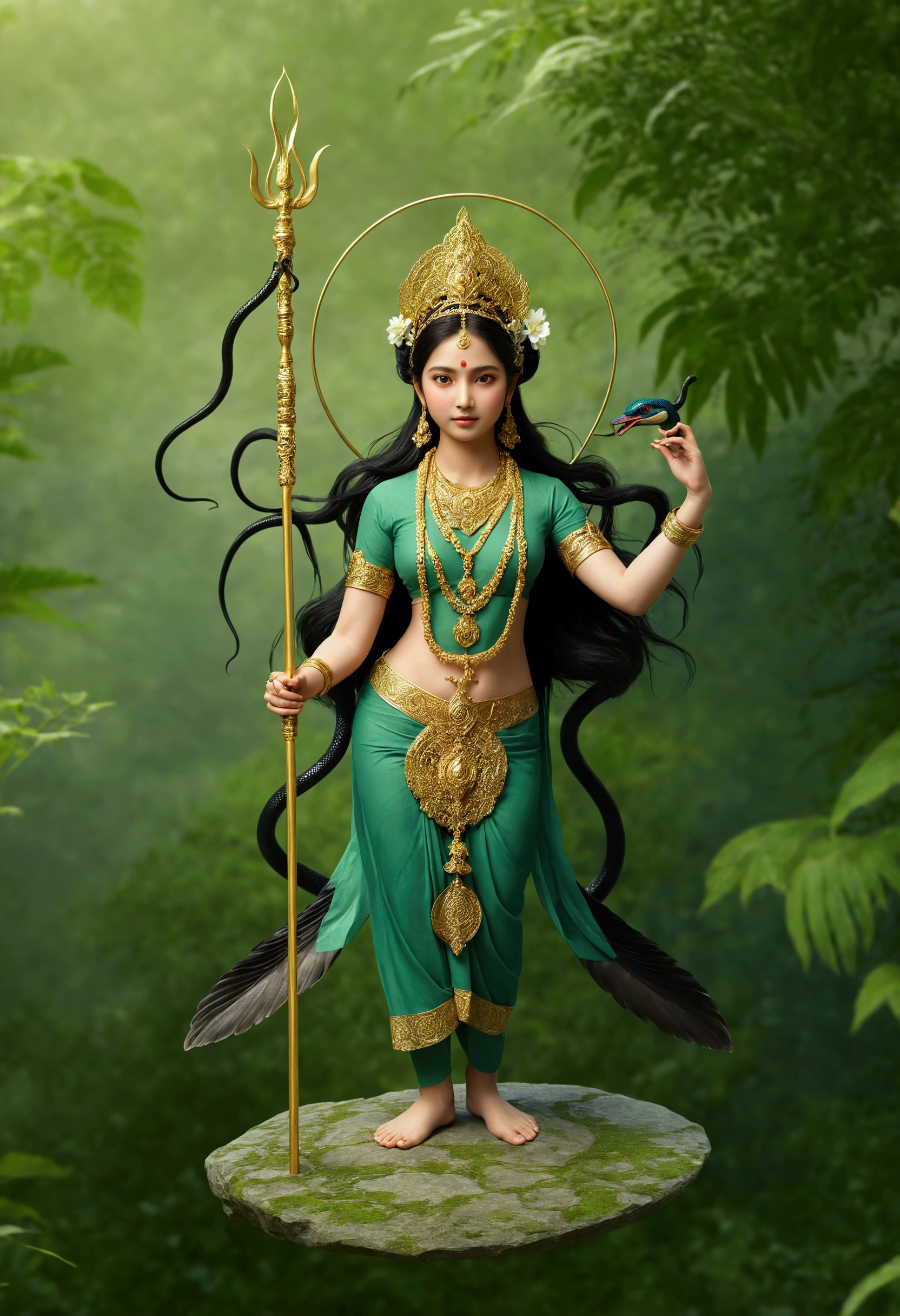 A green-skinned girl holding a trident stands in a garden，Young Girl，barefoot , Four arms，The upper right hand holds a trident halberd，Lower right hand holding a peacock feather fan，Holding a black snake in the upper left hand，Lower left hand mudra。Black snakes coiled around arms and legs，There are also black snakes in the hair，There is a meadow full of flowers under your feet，远处是Daisetsu Mountain，Flowers all around，Forest with trees behind，There are mountains in the distance，Daisetsu Mountain，Beautiful goddess. Extremely high level of detail, divine goddess, female, Indian God, extremely detailed 女神 shot, Charm goddess, Hindu Art