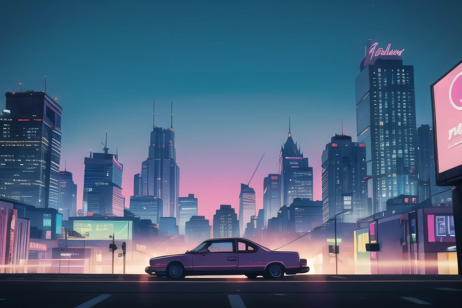 In the heart of the city, skyscrapers silhouette against a pastel sunset sky. Neon lights flicker to life, casting a retro glow on the bustling streets. The scene is enhanced with subtle VHS distortions, creating a lofi cityscape reminiscent of 90s urban dreams. As the city comes alive with vibrant energy, the air is filled with the sound of distant traffic and echoes of laughter