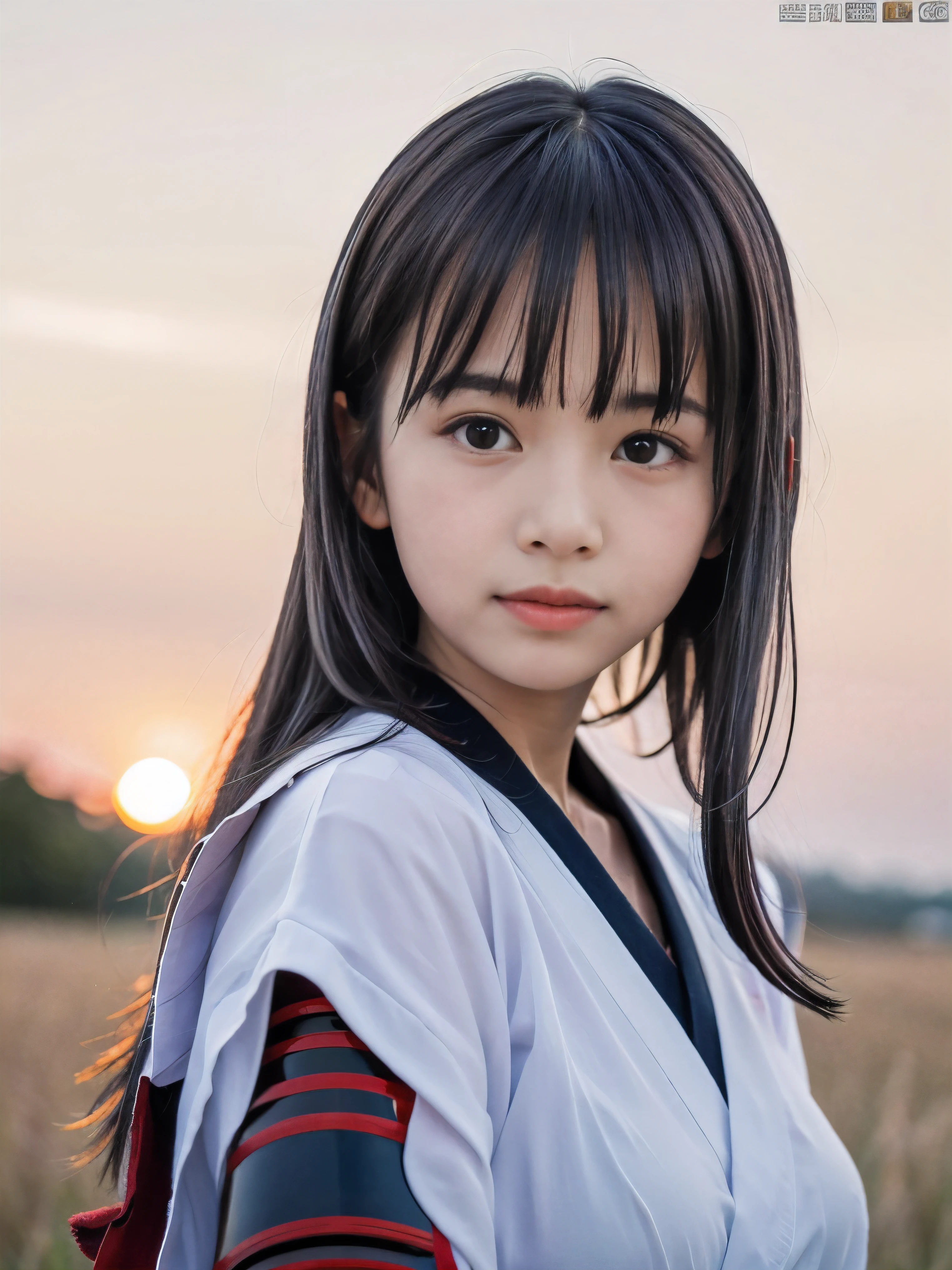 (Close up portrait of one slender small breasts half up brown long hair with bangs girl in white kimono and an black colored armor warrior as samurai in Japan:1.5)、(One girl is point of a white-bladed sword on the grassland in Japan with small smile:1.3)、(Beautiful sunset red sky:1.5)、(blurred background:1.5)、(Natural light:1.5)、(8k ultra detailed master piece:1.5)、(perfect anatomy:1.5)、(Photorealistic stick:1.5)、(Raw photo:1.3)、(highest quality:1.5)、(High resolution:1.3)、(Delicate and beautiful perfect face:1.3)、(Delicate and beautiful eye air skin:1.3)、(Real Human Skin:1.3)、((thin legs))