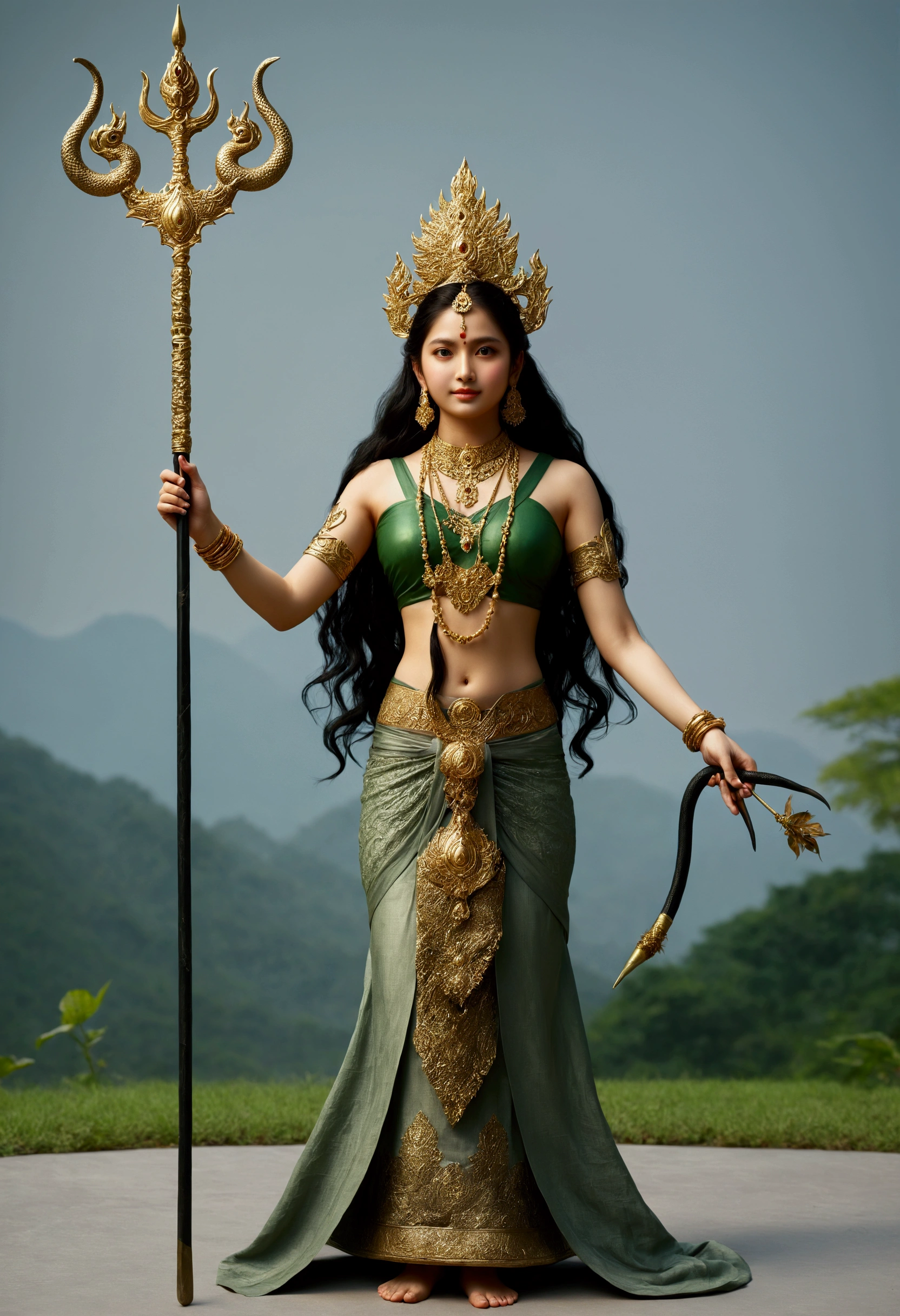 A green-skinned girl holding a trident stands in a garden，Young Girl，barefoot , Four arms，The upper right hand holds a trident halberd，Lower right hand holding a peacock feather fan，Holding a black snake in the upper left hand，Lower left hand mudra。Black snakes coiled around arms and legs，There are also black snakes in the hair，There is a meadow full of flowers under your feet，远处是Daisetsu Mountain，Flowers all around，Forest with trees behind，There are mountains in the distance，Daisetsu Mountain，Beautiful goddess. Extremely high level of detail, divine goddess, female, Indian God, extremely detailed 女神 shot, Charm goddess, Hindu Art