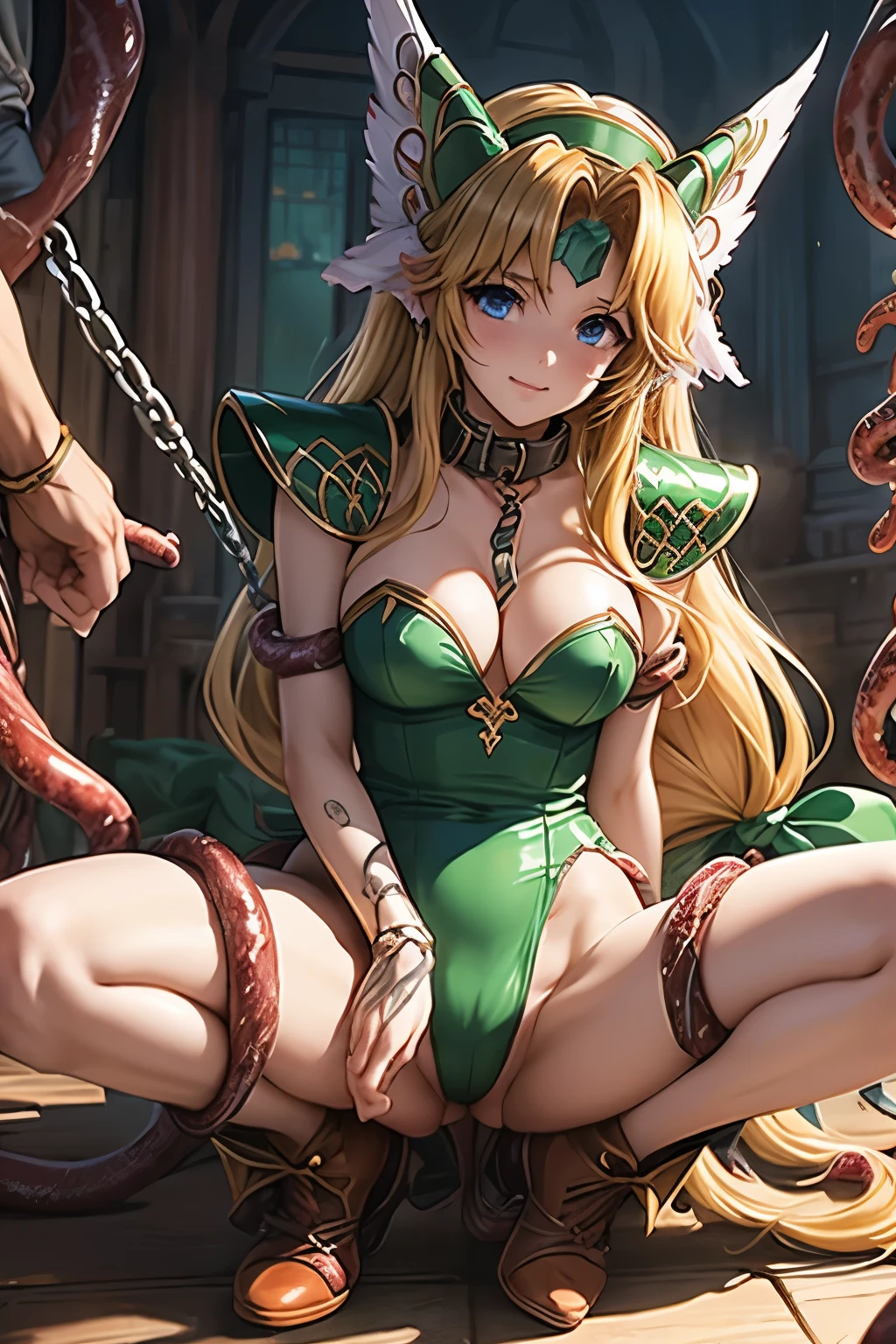 （（（ＳＦＷ、sound、Highest quality、first-clasasterpiece、Normal body、8k、Detailed face、Ultra-precision、Normal hand、Normal finger、５finger、Highest）））、Secret of Mana 3、lease、Blonde、Long Hair、Straight Hair、Hair ribbon、Torn Green Leotard、Torn slit skirt、defeat、Constraints、Bondage、ChainBondage、On all fours、On all foursでBIND、Spread your legs and bind、Collar、CollarChainRead、blush、Estrus、Teary-eyed、prison、Imprisonment、Tentacles wrap around、Tentacles entangled、Tentacles invade the leotard、Tentacles milking、Cup-shaped tentacles stick to breasts、Tentacles sucking boobs、Boobs Vacuum