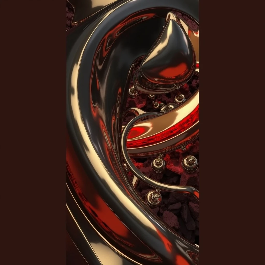 an organic and fleshy surface.((conflict, aggressive,anger,antagonist)),((black, red, golden brass)),((deep wiew)),photographic,ultra high resolution,hyperdetailed, masterpiece, 3d modelling, digital art, abstract art.