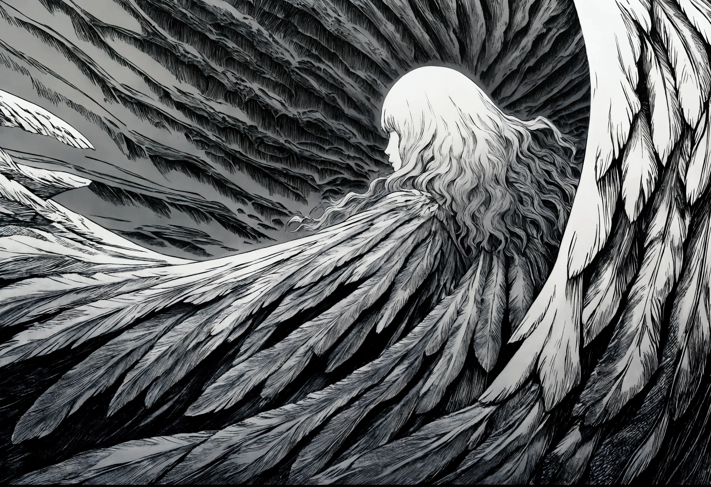 A woman with angel wings, by Kentaro Miura, Manga art, inspired heavily by Berserk, black and white, crosshatching, Highly detailed, Ultra HD, High resolution, 8k, amazing art, masterpiece, best quality, high detail, trending on art-station, trending on art, 4K resolution, perfect hatching, perfect perspective, balanced composition, High quality, cinematic, dramatic, dynamic, intricate, detailed,