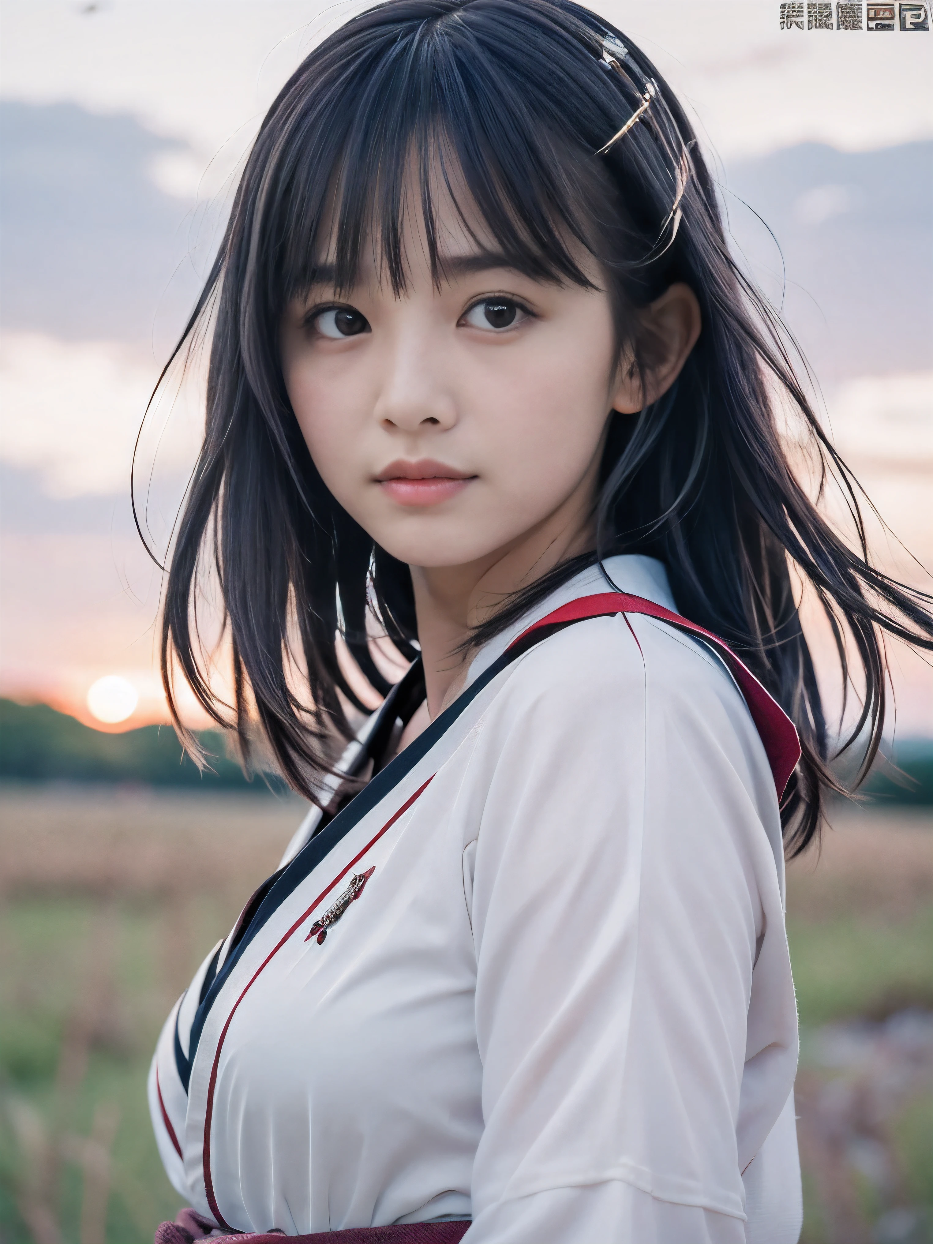 (Close up portrait of one slender small breasts two side up black medium hair with bangs girl in white kimono and an black colored armor warrior as samurai in Japan:1.5)、(One girl is point of a white-bladed sword on the grassland in Japan with small smile:1.3)、(Beautiful sunset red sky:1.5)、(blurred background:1.5)、(Natural light:1.5)、(8k ultra detailed master piece:1.5)、(perfect anatomy:1.5)、(Photorealistic stick:1.5)、(Raw photo:1.3)、(highest quality:1.5)、(High resolution:1.3)、(Delicate and beautiful perfect face:1.3)、(Delicate and beautiful eye air skin:1.3)、(Real Human Skin:1.3)、((thin legs))