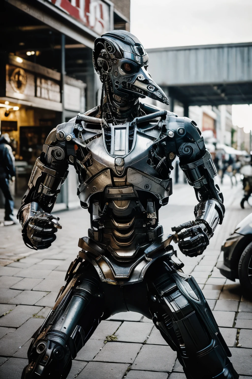  (((Cyborg Warrior))), ((Plague Mask)), The whole body is displayed, JRG Character, Worn Armor, Tattered Machine Armor, Mechanical Swordsman, Aggressive Posture, rpg, Post-apocalyptic, battle, Holding a Ruyi Stick, Face guard, market, Martial Arts