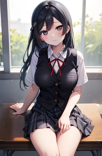 setsunayuuki, setsuna yuuki, (black eyes:1.5), black hair, long hair, one side up, (medium breast:1.2), 
BREAK armband, blue vest, buttons, collared shirt, dress shirt, grey skirt, neck ribbon, nijigasaki academy school uniform, plaid, plaid skirt, pleated skirt, red ribbon, ribbon, school uniform, shirt, short sleeves, skirt, summer uniform, vest, white shirt,
BREAK looking at viewer, 
BREAK indoors, classroom, 
BREAK (masterpiece:1.2), best quality, high resolution, unity 8k wallpaper, (illustration:0.8), (beautiful detailed eyes:1.6), extremely detailed face, perfect lighting, extremely detailed CG, (perfect hands, perfect anatomy),大きい胸