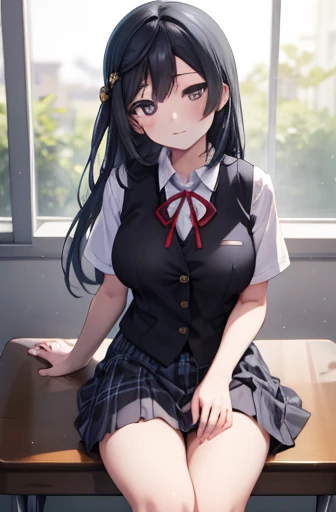 setsunayuuki, setsuna yuuki, (black eyes:1.5), black hair, long hair, one side up, (medium breast:1.2), 
BREAK armband, blue vest, buttons, collared shirt, dress shirt, grey skirt, neck ribbon, nijigasaki academy school uniform, plaid, plaid skirt, pleated skirt, red ribbon, ribbon, school uniform, shirt, short sleeves, skirt, summer uniform, vest, white shirt,
BREAK looking at viewer, 
BREAK indoors, classroom, 
BREAK (masterpiece:1.2), best quality, high resolution, unity 8k wallpaper, (illustration:0.8), (beautiful detailed eyes:1.6), extremely detailed face, perfect lighting, extremely detailed CG, (perfect hands, perfect anatomy),大きい胸