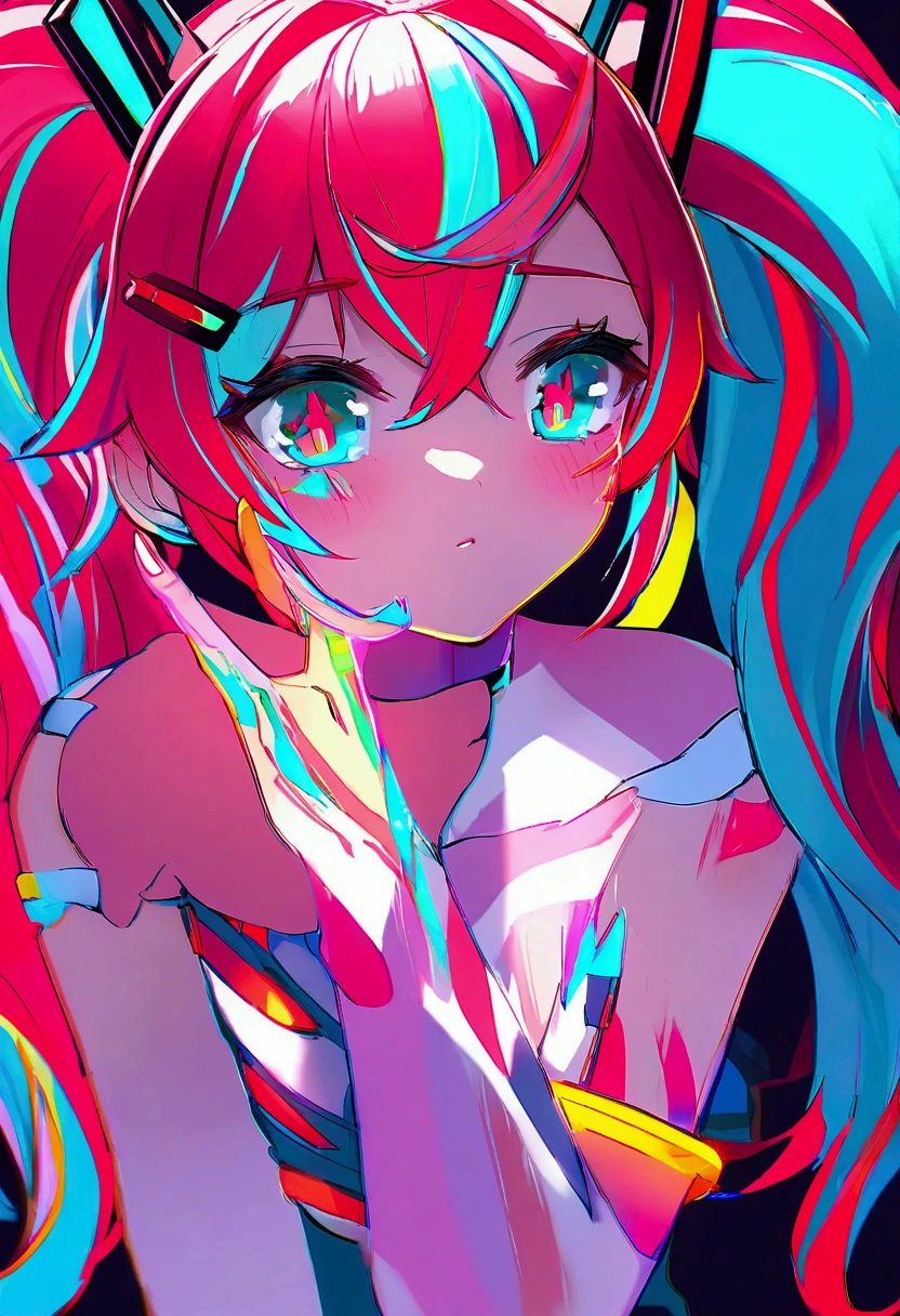 (masterpiece, best quality), best resolution, (2heads:1.5), 1girl, star-shaped pupils in left eye, orange hair, long hair, pink eyes, multicolored bikini, blonde, bangs, multicolored hair, (simple background:1.4)