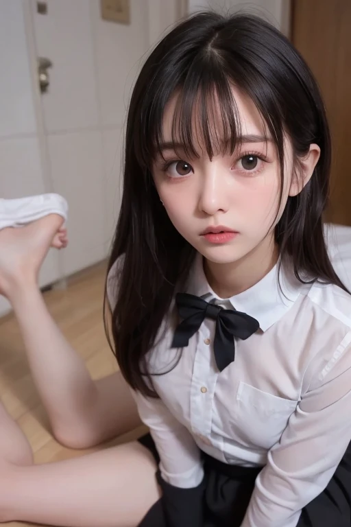 1 人、(masterpiece、top-quality、hight resolution、Realistic Photos、Realistic skin、Detailed skin:1.1)、full body Esbian、1 Japan Woman、17 age、a beauty girl、Japan Idols、small tits、high school guiller suit、Transparent short sleeves、Take off your tie、Mini Pleated Skirt、Slender body、blushed、8K、Functional、Show panties、Delicate skin、Delicate eyes、drooing eyes、eroticism、I'm about to cry、slightly red face、Opening legs、sitted、full body Esbian、profetional lighting、On the bet、Angle from below、