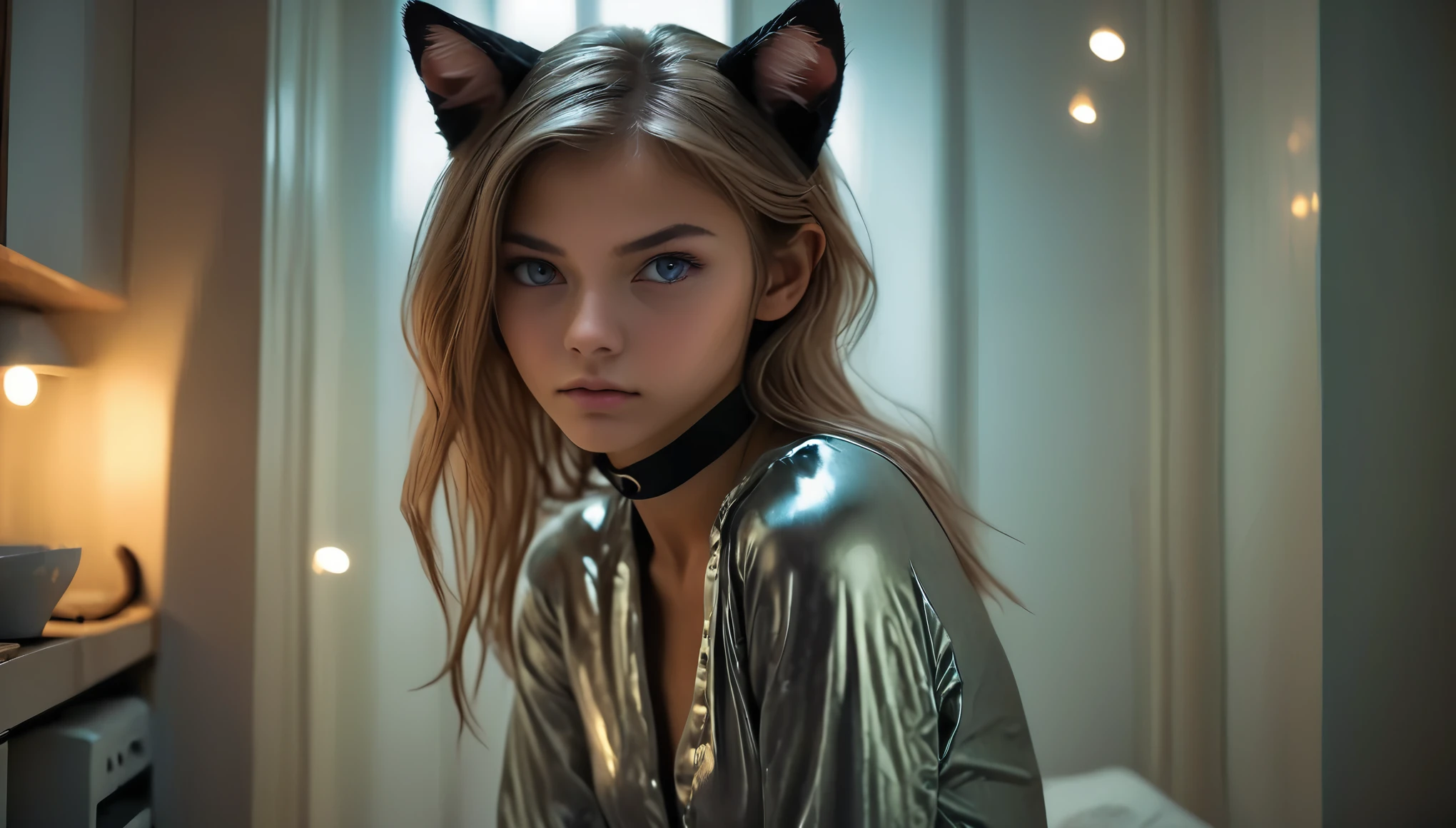 ((barely legal girl, with cat ears and choker, ((in an oversized jumpsuit made from parachute silk with plunging neckline, wide cleavage, deep neckline)), small perky breasts, beautiful detailed eyes, beautiful detailed lips, small closed mouth, extremely detailed face, pale skin, random long hairstyle, small hips, lying on a bed with silk sheets, fear on the face)), moody atmosphere, dramatic and random colors, futuristic setting, intricate details, night, backlight, full body shot, view from a distance, random pose