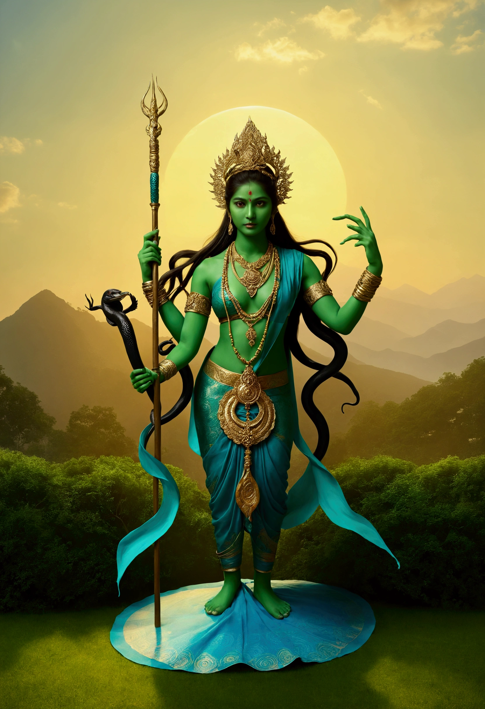 A green-skinned man holding a trident stands in the garden,Young Girl,barefoot , Indian goddess with four arms,The upper right hand holds a trident halberd,Lower right hand holding a peacock feather fan,Holding a black snake in the upper left hand,Lower left hand mudra。Black snakes coiled around arms and legs,There are also black snakes in the hair,There is a meadow full of flowers under your feet,远处是Daisetsu Mountain,Flowers all around,Forest with trees behind,There are mountains in the distance,Daisetsu Mountain,Beautiful goddess. Extremely high level of detail, divine goddess, female, Indian God, extremely detailed 女神 shot, Charm goddess, Hindu Art