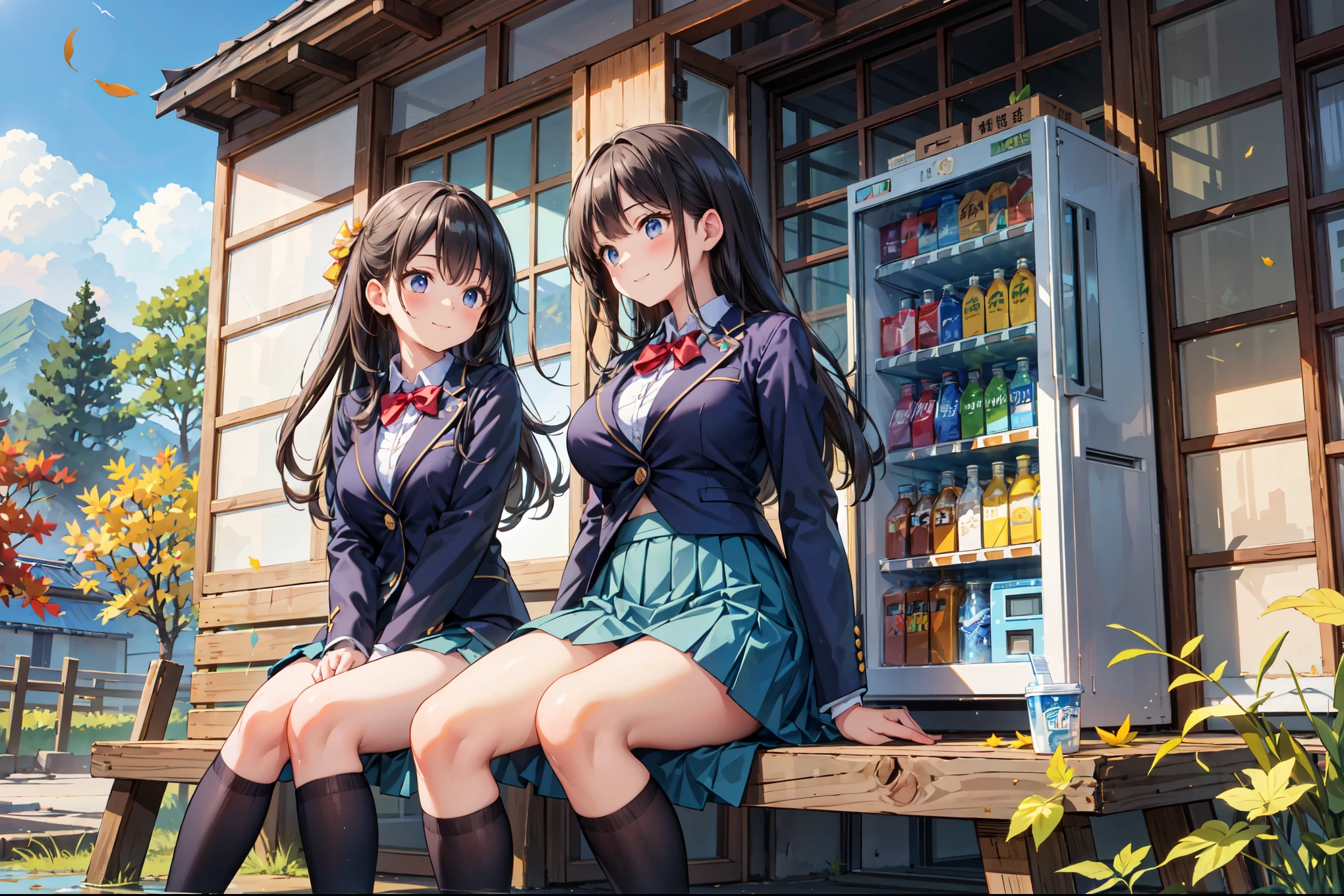 (((Masterpiece, 16k, Highest quality, Ultra-high resolution, Depth of subject))), ((Very detailed, Japanese countryside scenery, autumn leaves)), (((High school girl in blazer uniform, 2 people, skirt, Big Breasts))),Beautiful girl in great detail, Very accurate body structure, Very precise body movements, Very cute smile, On the way home, 3pm, Peaceful scenery, Warm sunshine, Old wooden shop in the countryside, The shop sign is very old, Japanese style drink vending machine, Buy juice, Sit on a bench, Drinking juice, Very accurate perspective