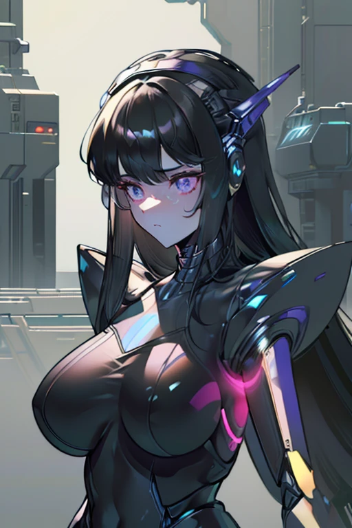 (masterpiece),(Best quality),(Very detailed),(Best illustration),(The best shadow),(It's absurd),(Detailed background),(So beautiful), 16k, 8k, 4K,(The best shadow),Robotization,female ,big breasts,Robot Joint ,Metal skin,Black robot suit,Long hair,Black suit covering the entire body Robot hand,Cyber Bodysuit,Mecca Head,Robotization, Transform into a robot,(Hands and fingers are depicted in detail:1.2),Perfect anatomy,Cybernetic Girl,Sci-Fi Armor,cyborg girl,The wires are connected to the back of the main unit...,No exposed skin,(A face carved like a robot),A neck made of wire,USB port next to the neck,F cup