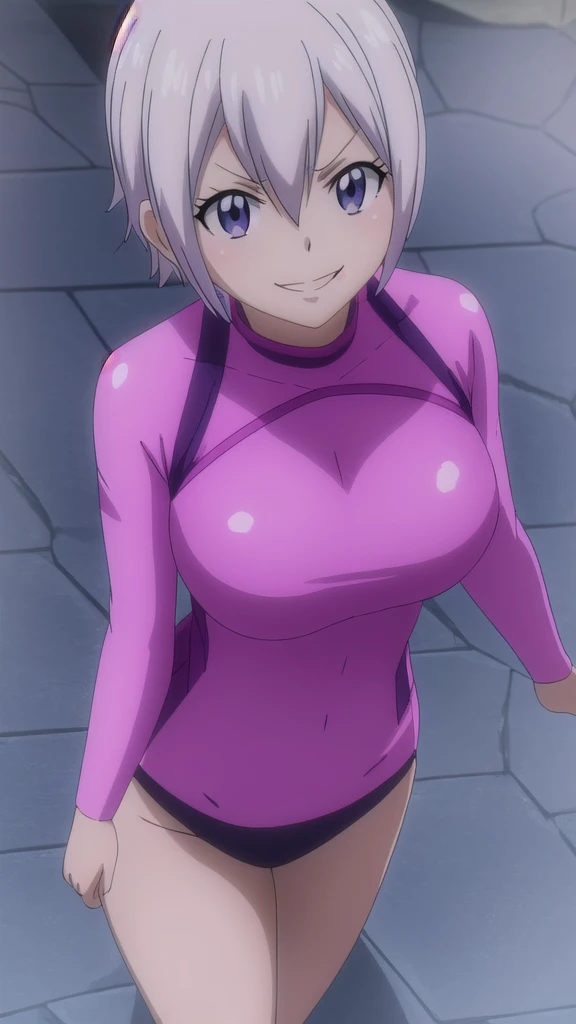 Erotic、Lisanna、Short grey hair、Big Breasts, Alone、 Pink wetsuit　Rash guard, Purple evil background、 Best Quality, Detailed face, Detailed eyes, High resolution,、Evil female executive、An evil condescending smile、Sexy pose、Fallen into evil、Fall into Darkness、Dark Side、excited、lure