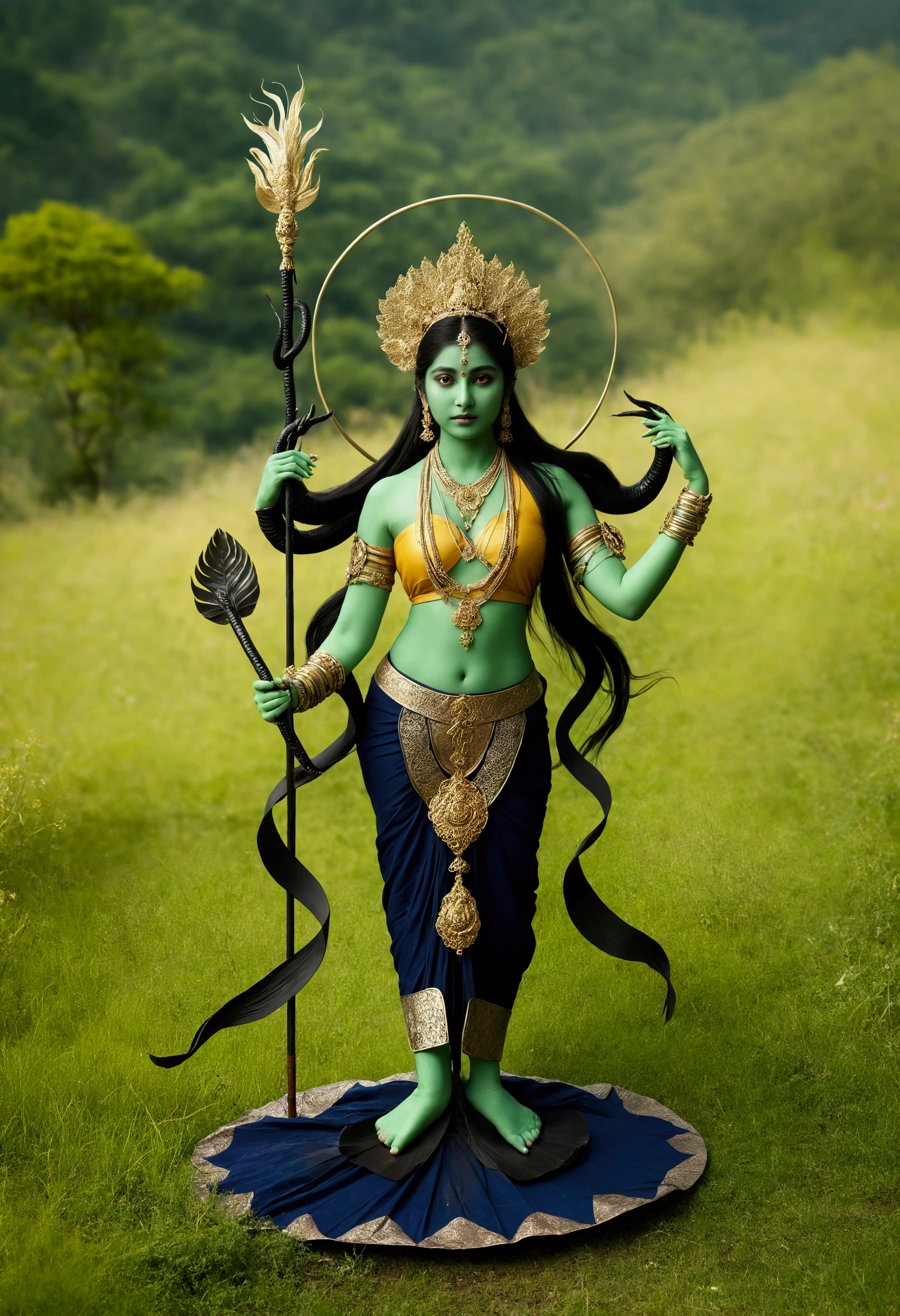 Green-skinned girl with four arms standing in the garden，Young Girl，barefoot , Indian goddess with four arms，She has four arms.，The upper right hand holds a trident halberd，Lower right hand holding a peacock feather fan，Holding a black snake in the upper left hand，Lower left hand mudra。Black snakes coiled around arms and legs，There are also black snakes in the hair，There is a meadow full of flowers under your feet，远处是Daisetsu Mountain，Flowers all around，Forest with trees behind，There are mountains in the distance，Daisetsu Mountain，Beautiful goddess. Extremely high level of detail, divine goddess, female, Indian God, extremely detailed 女神 shot, Charm goddess, Hindu Art