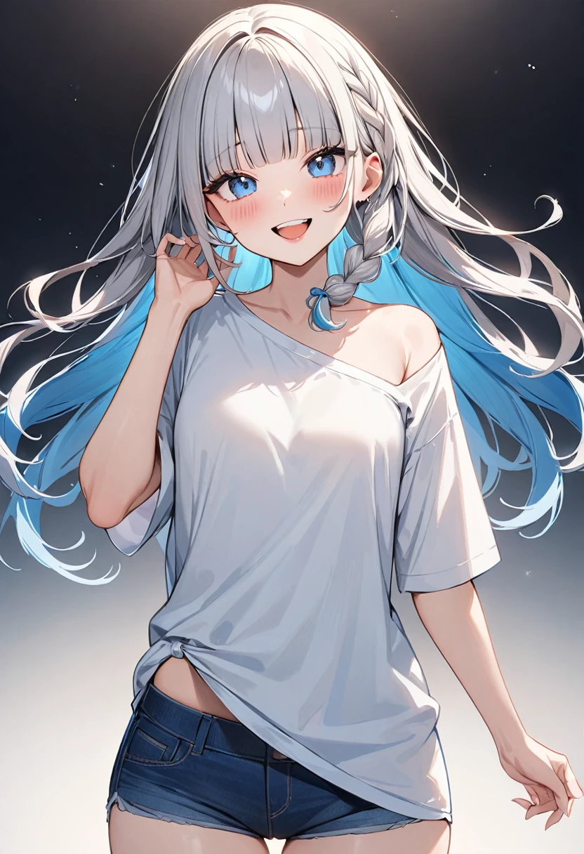 (best quality, masterpiece), 1girl, (female focus), ahoge, white blue hair, ((white shirt), (overfit shrit)), long hair, standing, twintails, [[mild heterochromia]], white background