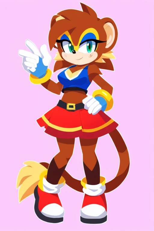 Alicia, 1girl, solo, chibi, kemono, smooth lighting, dutch angle, blush, short hair, closed mouth, :3, medium breasts, navel, cleavage, blue eyes, full body, furry female,  (body fur, detailed fur:1.3), white hair, sleeveless, standing, hand on hip, midriff, cat ears, white gloves, brown fur, two-tone hair, black footwear, clothing cutout, eyepatch, cleavage cutout, multicolored hair, black hair, blonde hair, dyed bangs, armlet, red shirt, red pants, tail, animal nose, (masterpiece, best quality:1.3) detailed background, outdoors, airship, blue sky, clouds, floating island, grass <lora:AliciaPris:.9>