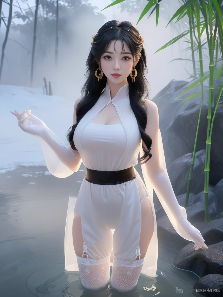 ((A woman)), 美丽脸庞的Sexy中国华裔女明星, Wearing transparent slime-like clothing, Wear dark T-pants, (((Light theme, Exposing the subject, Sexy主题)))
(((night, Private hot spring, Surrounded by fog, bamboo forest, Standing in the water, Snow Scene))),
((desktop:1.0), (:1.4), (high resolution:1.2), (Reality:1.4))
((8K Ultra HD, 8K, 超high resolution, Best quality, Super Fine, Clear focus. Masterpieces, complete pattern, Ultra HD, Detailed photos, Best image quality，Ultra-clear，Delicate facial features，Well-defined, Highly rated works, Close-up depth of field photography, Above the knee, Symmetrical character)), 
((Creating the image of a real girl), Realistic shadows, Soft lighting, Dynamic Angle, Dynamic poses, Elegant Posture, Cowboy lens, Full body front view, Be confident, Facing the camera, Eyes looking towards camera lens, Standing posture, Open your legs slightly, Golden Ratio Graphics, Minimalism, Center the character), 
( Smile, Sexy的, Balanced Eyes, Realistic eyes, Beautiful details of the eyes,Pretty Face, (Realistic face), Normal facial features, Realistic skin, Pay attention to skin details, Skin is clean and radiant, Whitening, Anatomically correct body, Golden ratio figure, Sexy的身材), 
(Perfect makeup, Gloves, earrings, bracelet, necklace, Jewelry, Hair accessories, shawl, sock, Knee socks, 吊garter, Leg ring, garter, 腿部garter), 
((beautiful hair), Dark black hair, Wavy curly hairstyle, Waist-length hair, Messy Hairstyle, Gradient hairstyles, Cyberpunk Hairstyle, High double ponytail hairstyle), 
(Sexy的, Perfect breast shape, Teardrop chest shape, Snow-white breasts, Very detailed breasts, 34C cup), 
(Super high waist, Deep V, Low-cut, Sexy, Flattering, Open crotch, (Clear camel toe, (High fork strangulation))),