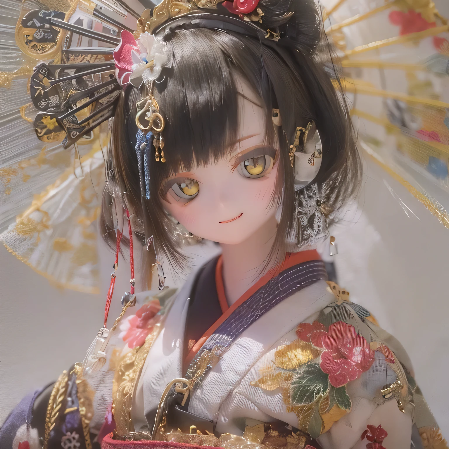 (Best Quality,High resolution,masterpiece:1.2),Very detailed,Realistic,(Me in a kimono,Beautiful details,Beautiful lip detail,Very detailed目と顔,Long eyelashes),Traditional Japanese,geisha,hairpin,Delicate embroidery,Floral,Sleeves flow,Harmonious colors,Soft lighting、Smiling face with a fan、Bobcut、Black Hair