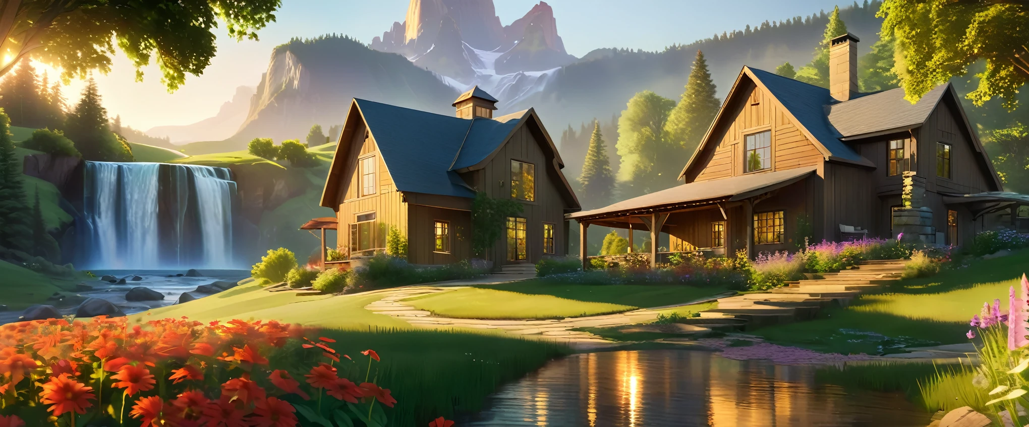 photorealistic, Extremely Realistic, a beautiful modern farmhouse in a peaceful valley, lush green meadows, vibrant wildflowers, towering trees, a cascading waterfall, serene landscape, idyllic countryside, warm natural lighting, photorealistic, 8k, highly detailed, cinematic composition, harmonious color palette, golden hour lighting, dramatic shadows, intricate foliage, crystal clear water, reflections, serene atmosphere, tranquil ambiance